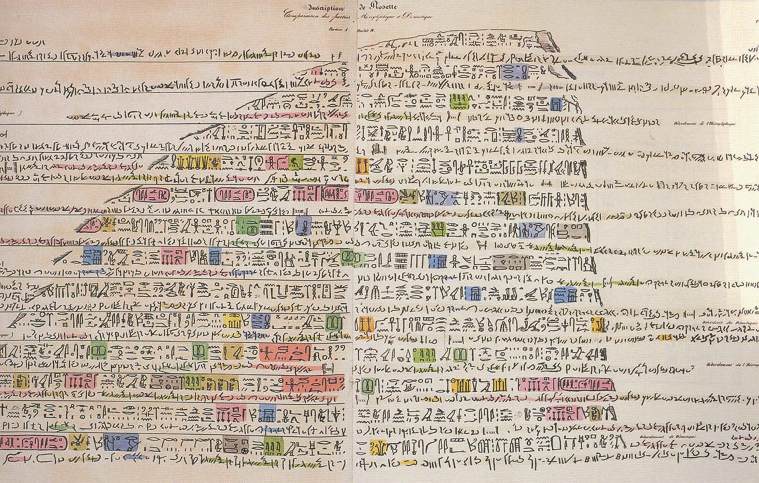 Transcription de la pierre de Rosette par Jean-François Champollion. © Imprimerie nationale