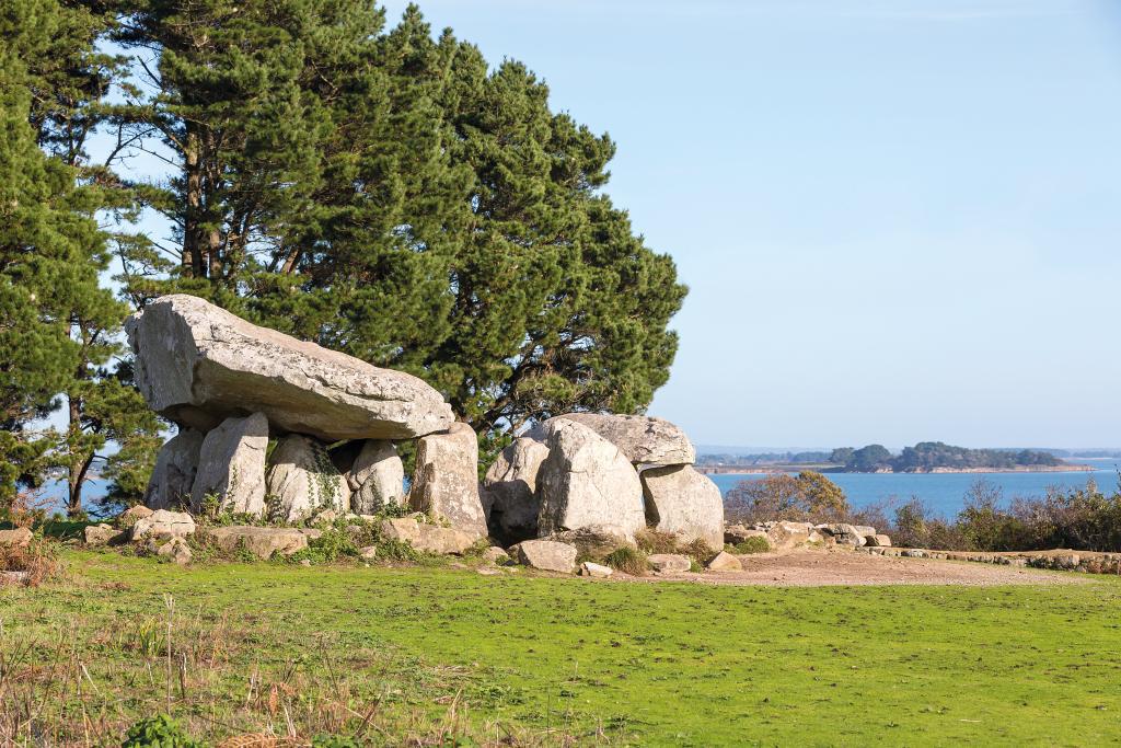 Le dolmen de Pen Hap (qui pourrait signifier « bout de la pointe »), situé sur une hauteur de 20 m d'altitude, est un des points les plus remarquables de l'Ile aux Moines. Suite au passage de nombreux visiteurs, la galerie d'accès n'a plus aujourd'hui qu'une pierre de couverture. © Fanch Galivel, Paysages de mégalithes