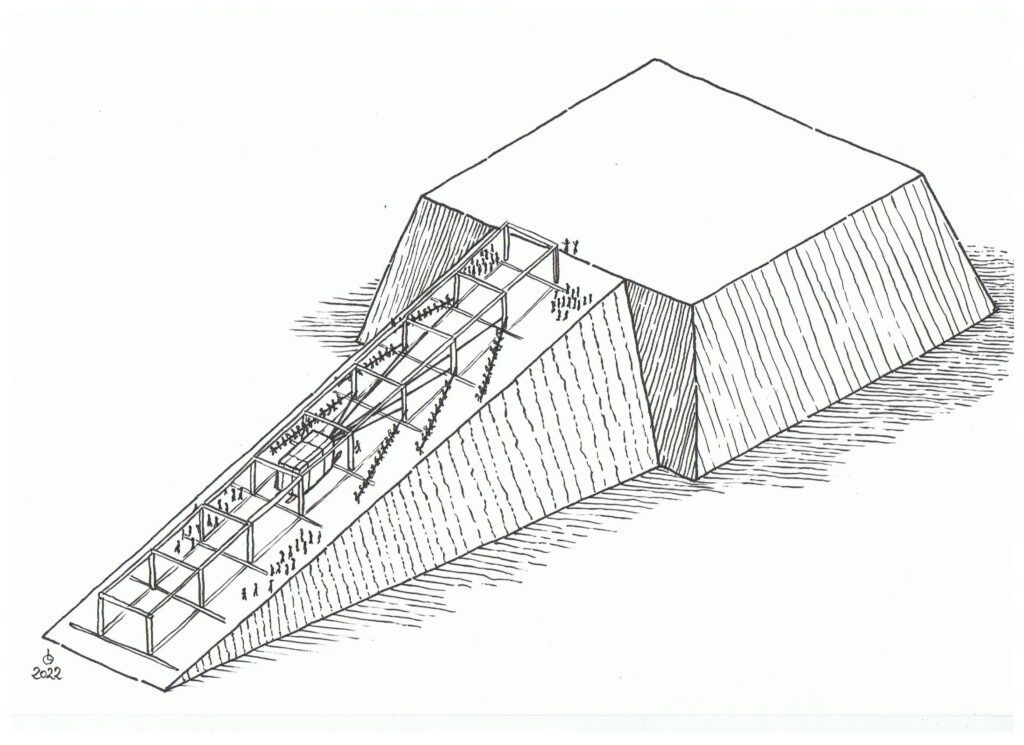 Adaptation théorique du système de halage d’Hatnoub à la construction d’une grande pyramide de Gizeh. © Ifao / Olivier Lavigne