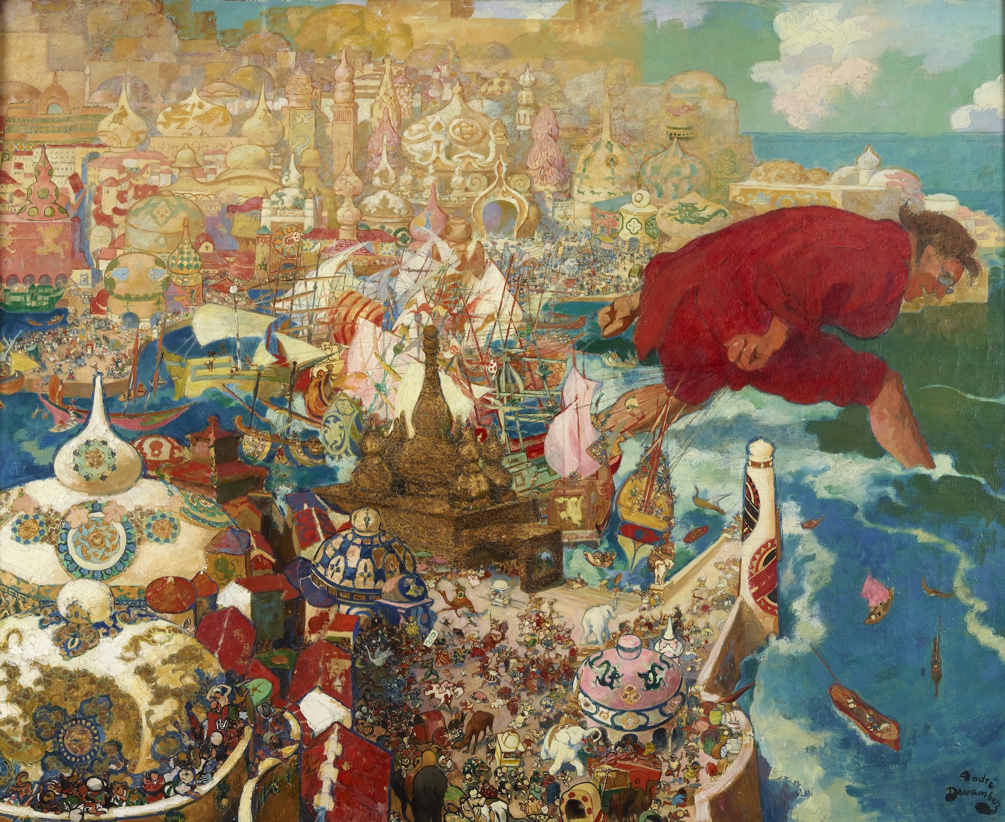 André Devambez (1867-1944), Gulliver enlève la flotte des Gros-Boutiens, 1921. Huile sur toile, 85 × 105 cm. Collection particulière.
© Musée des Beaux-Arts de Rennes – J.-M. Salingue