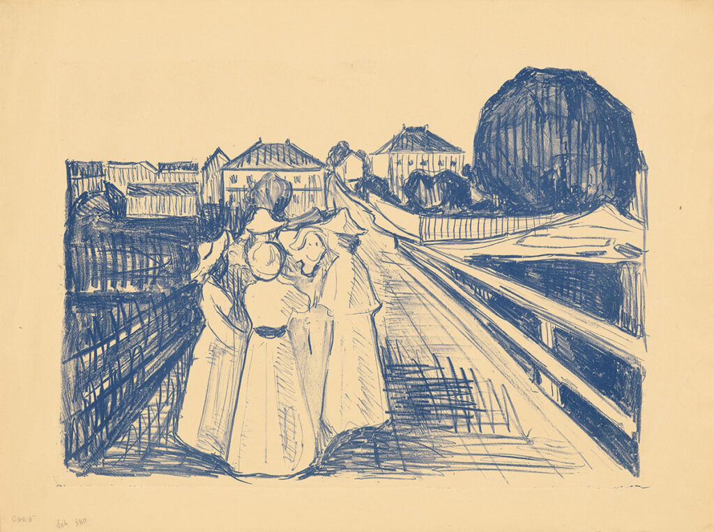 Edvard Munch (1863-1944), Sur le pont, 1912-13. Lithographie (crayon lithographique) imprimée en bleu sur papier vélin, imprimée par Nielsen, 37,6 x 52,8 cm (motif) ; 48 x 64,7 cm (feuille). Oslo, Munchmuseet. © Munchmuseet – MM.G.00360-02