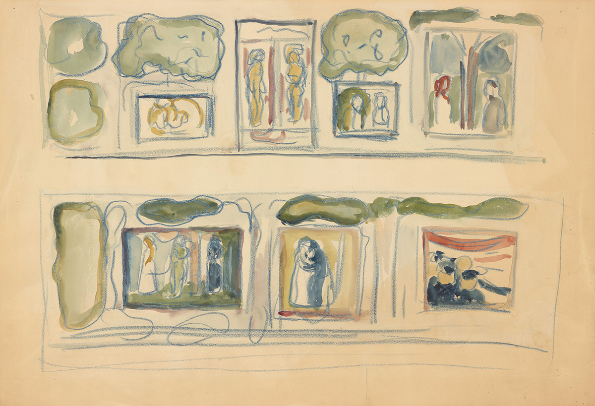 Edvard Munch (1863-1944), Croquis de La Frise de la vie, avec Métabolisme. La vie et la mort, Le Baiser et Angoisse, 1917-24. Aquarelle et crayon sur papier vélin, 43,1 x 62,8 cm. Oslo, Munchmuseet © Munchmuseet – MM.T.02411