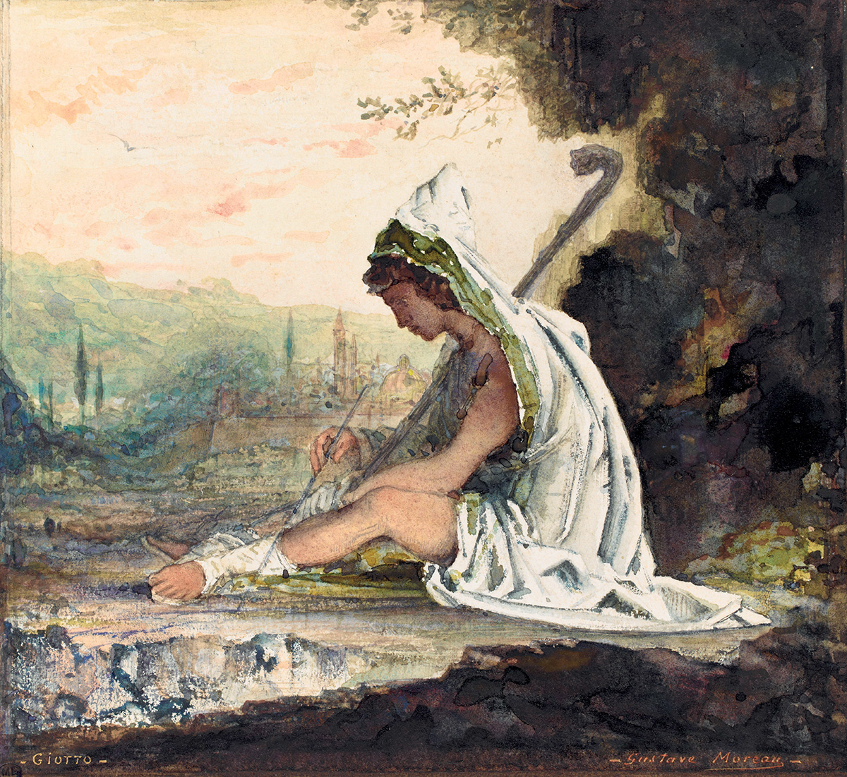 Gustave Moreau (1826-1898), Giotto, 1882. Aquarelle, gouache blanche, crayon graphite, peinture dorée sur papier, 20,3 x 22,1 cm. Photo service de presse. © RMN (musée d’Orsay) – T. Querrec