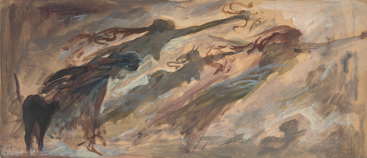 Luc Olivier Merson (1866-1926), Les Trois Sorcières, vers 1915-17. Projet d’illustration pour Macbeth. Crayon noir et gouache sur papier, 16,8 x 39,5 cm. Photo service de presse. © RMN (musée d’Orsay) – T. Querrec