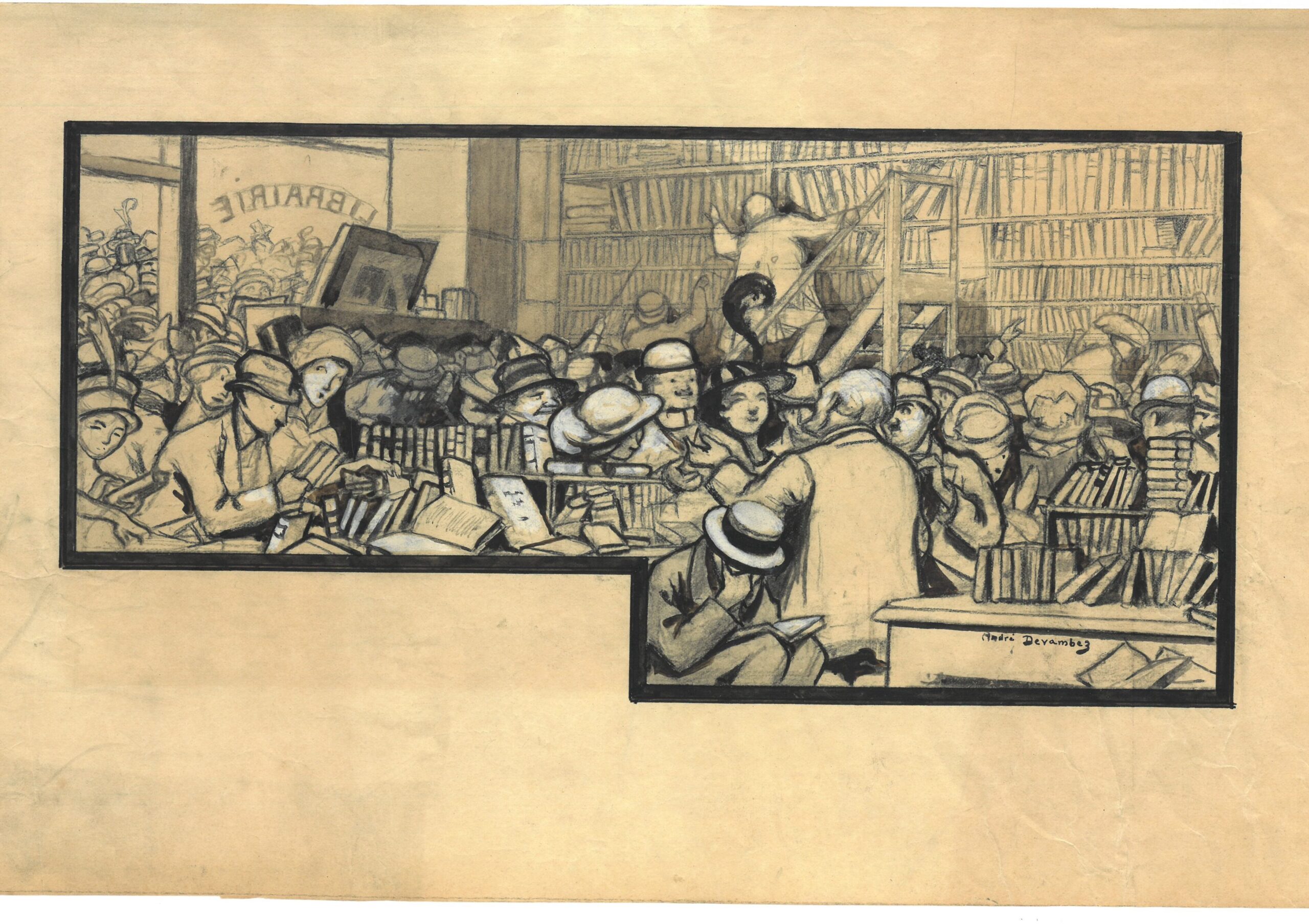 André Devambez (1867-1944), La foule envahissant une librairie. Fusain et encre noire, 11,4 x 29 cm. Collection particulière. © DR