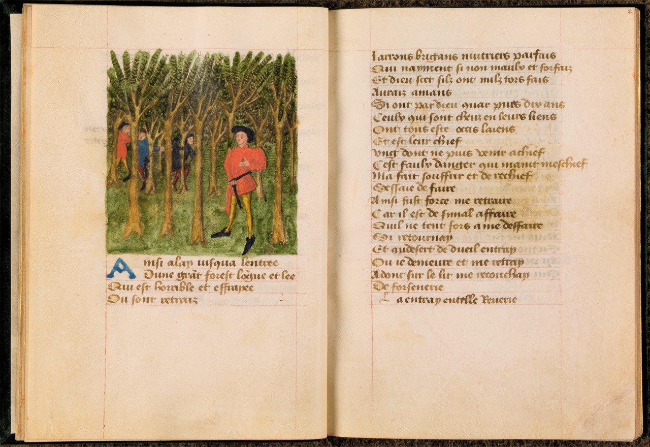 Beau petit recueil de poésie relié de velours vert, contenant Le Vergier d'amour (France, XVe siècle), seul exemplaire connu du texte, illustré de quatre miniatures ayant pour décor un verger.