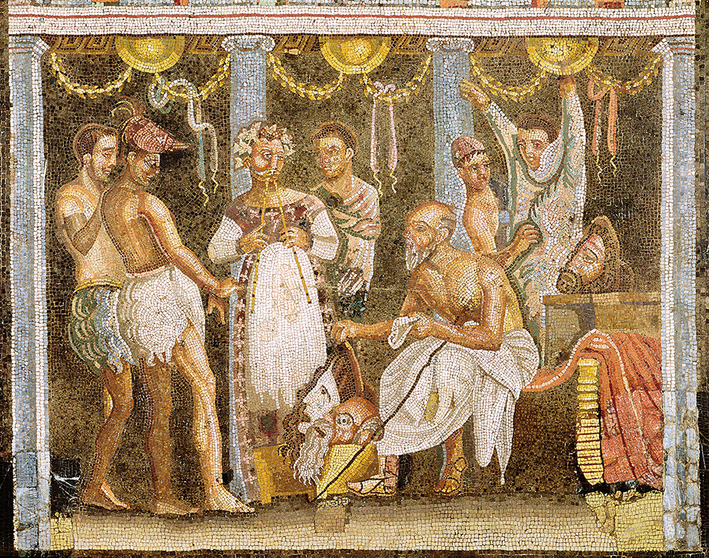 Acteurs préparant une représentation. Mosaïque découverte à Pompéi, Ier siècle. Naples, musée national d’Archéologie. © Bridgeman