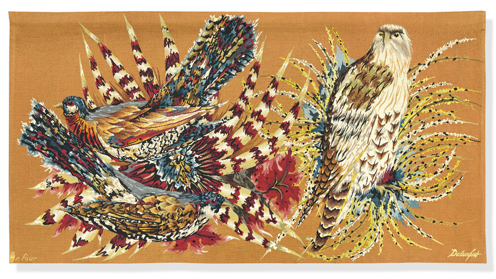 Edmond Dubrunfaut (1920-2007), d’après le carton Le Bosquet au faisan et hibou, édition de la Manufacture Robert Four à Aubusson. Laine, 104 x 190 cm. Estimé : 600/800 €. © Fraysse & associés