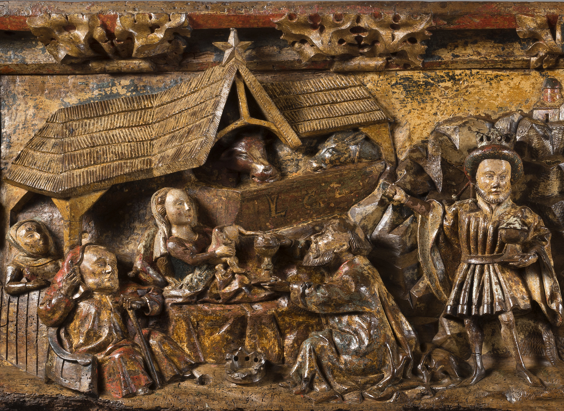 Important bas-relief polychrome dépeignant des scènes de la Nativité (détail), Bourgogne, fin du XVe siècle. Bois de noyer, traces de polychromie, 59,5 x 198,5 x 11,5 cm. © Gabrielle Laroche