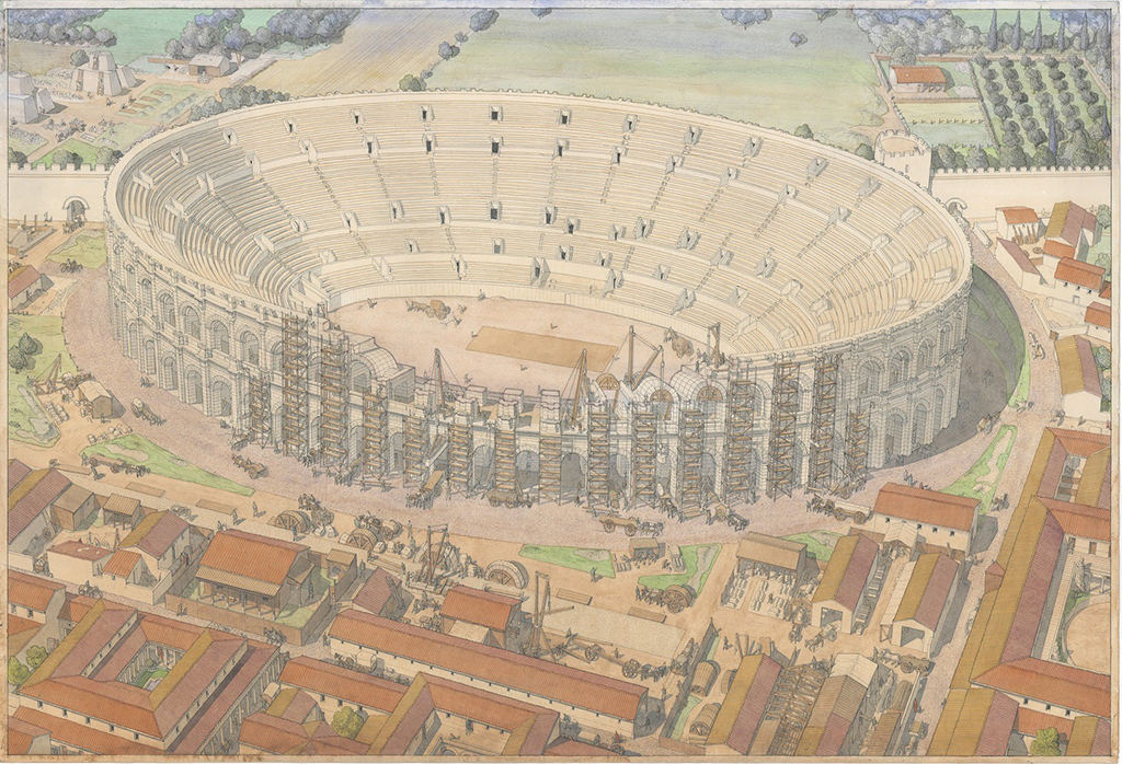 Le grand chantier de l’amphithéâtre de
Nemausus. Aquarelle, encre, graphite,
gouache. © Ville de Nîmes - Jean-Claude Golvin