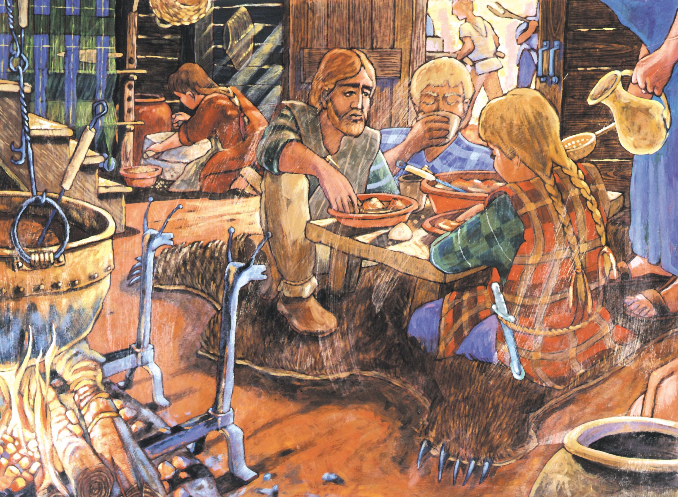 Scène de repas gaulois créée à partir de découvertes archéologiques en provenance de divers sites. Les assiettes sont à fond plat, preuves de l’existence de table set d’étagères dans les intérieurs gaulois. © Bibracte, Stevenson, n° 64335