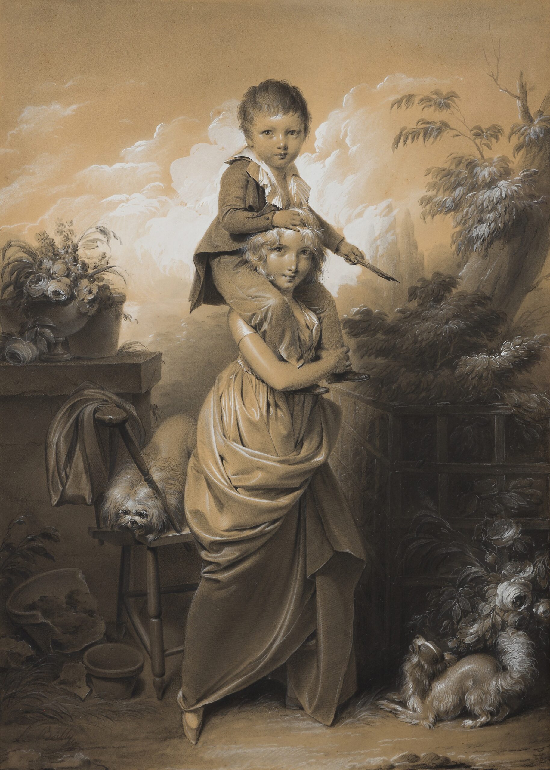 Louis-Léopold Boilly (1761-1845), Jeune fille portant son frère sur ses épaules dans un jardin. Pierre noire, estompe et rehauts de gouache blanche sur papier chamois, 47,3 x 33,9 cm Estimé : 80 000/100 000 €. © Ader