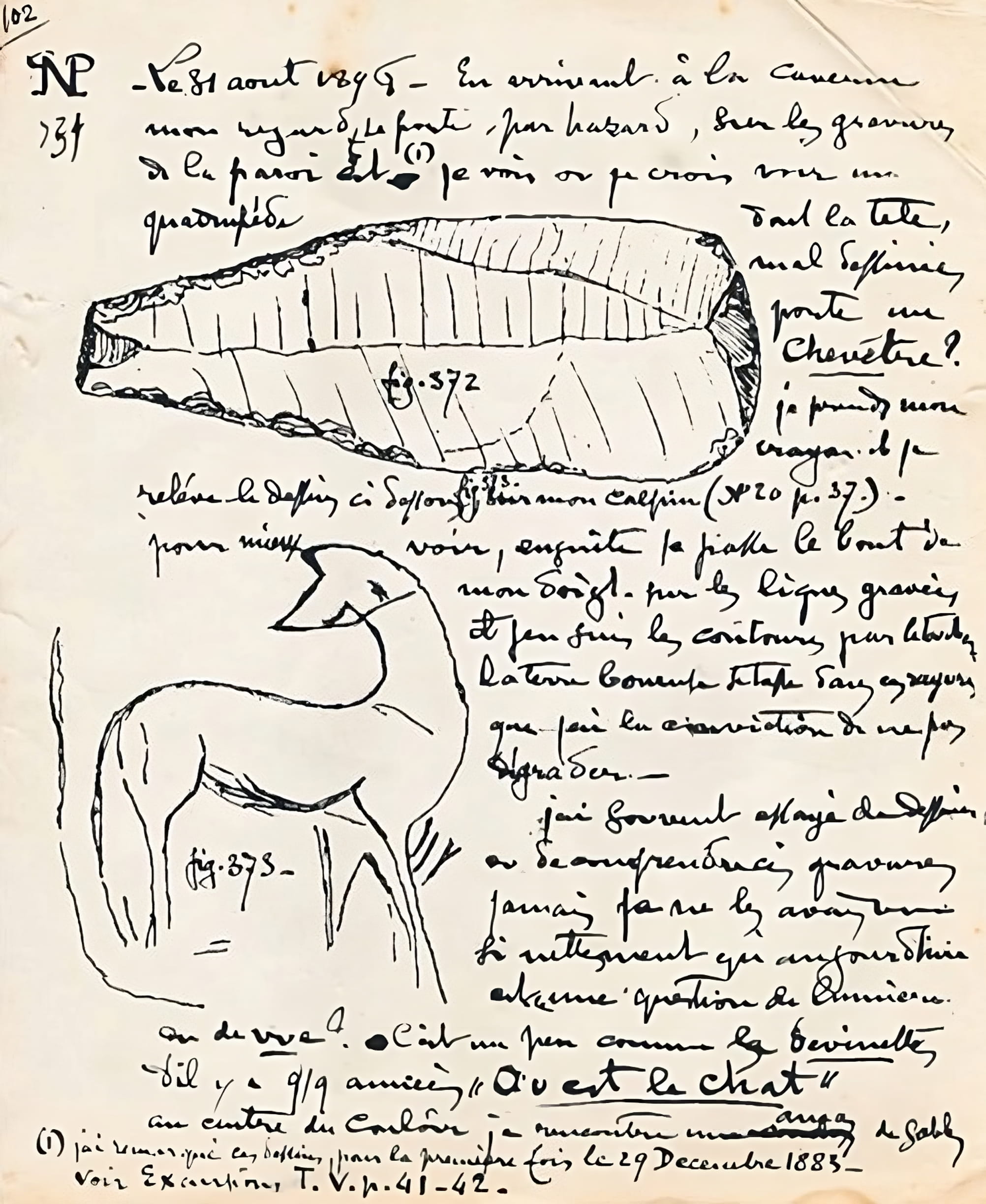 Page du carnet de terrain de François Daleau, à la page du 31 août 1896. Il y relate sa découverte d'un « quadrupède » gravé (DAO JLLQ d'après Fraenkel 2007, fig. 7; voir aussi Le Quellec 2022: 49-50).