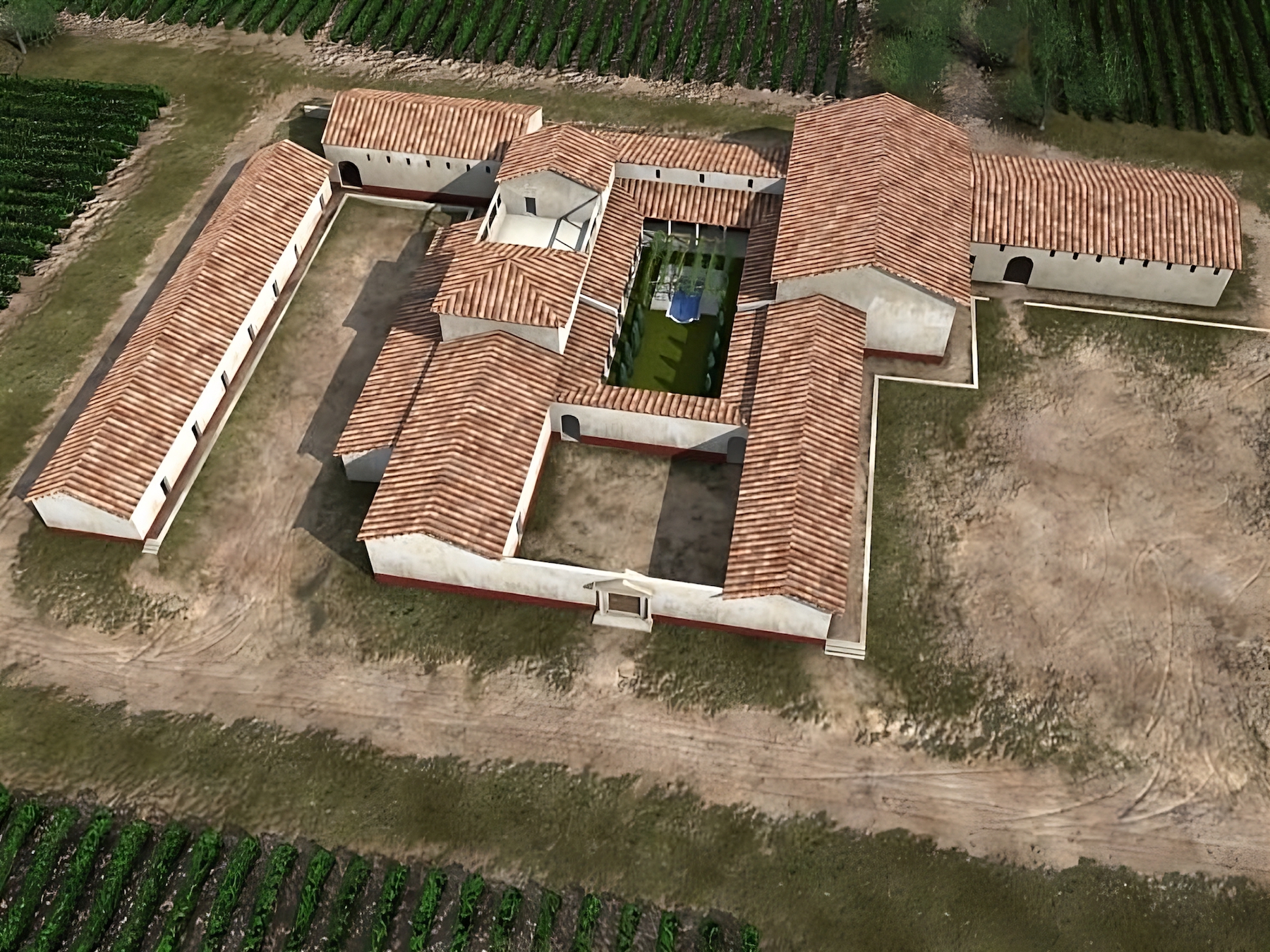 Exemple de modélisation de la villa de Loupian au cours du Haut-Empire. S. Cugnet - d'après les relevés de l'architecte R. Thernet (INRAP). © RHEA