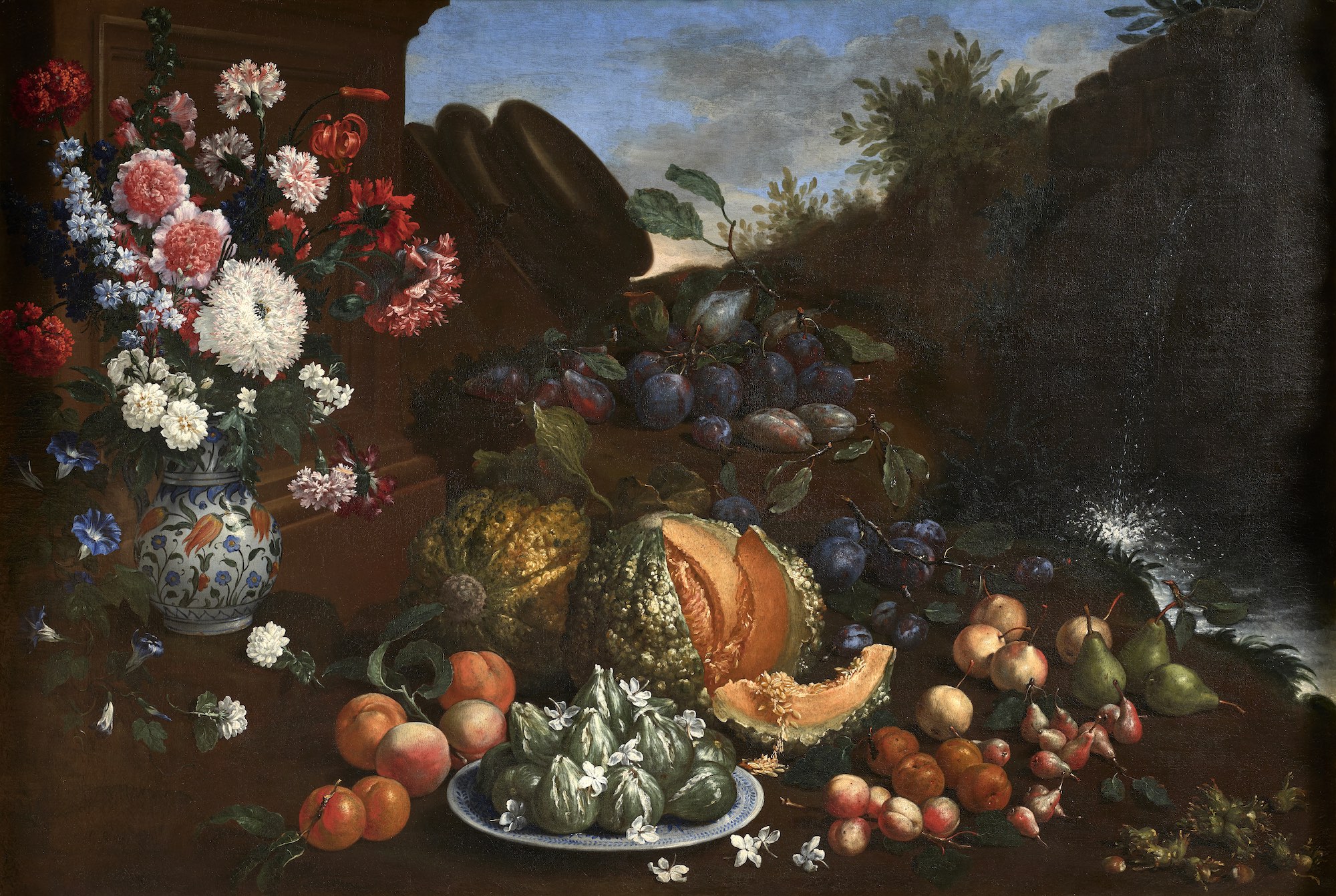 Bartolomeo Bimbi (1648-1729), Vase de fleurs, plat de figues, melons et prunes dans un paysage. Huile sur toile, 100 x 145,50 cm. Estimé : 200 000/300 000 €. Photo service de presse. © Artcurial