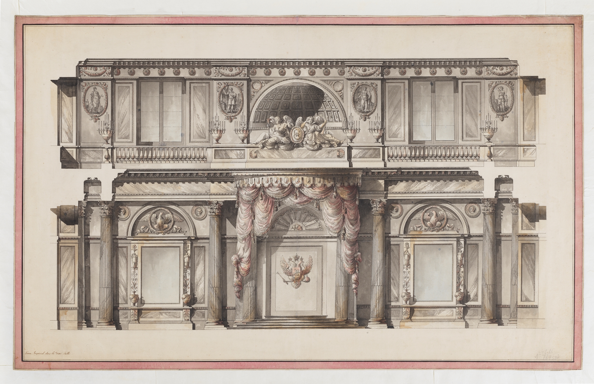 Giacomo Quarenghi (1744-1817), Salle du trône du Palais d’Hiver de Saint-Pétersbourg. Plume, crayon et aquarelle sur papier, 55,5 × 89,2 cm. Carlo Virgilio & Co., Rome.