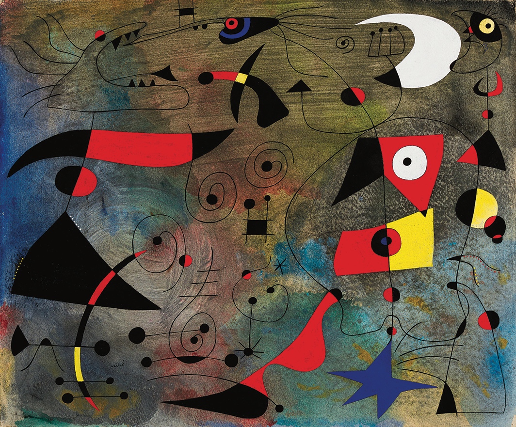 Joan Miró (1893-1983), Femme et oiseaux, 1940. Gouache et huile sur papier, 38 x 46 cm. Courtesy David & Ezra Nahmad Collection. Photo service de presse. © Successió Miró / Adagp, Paris, 2023