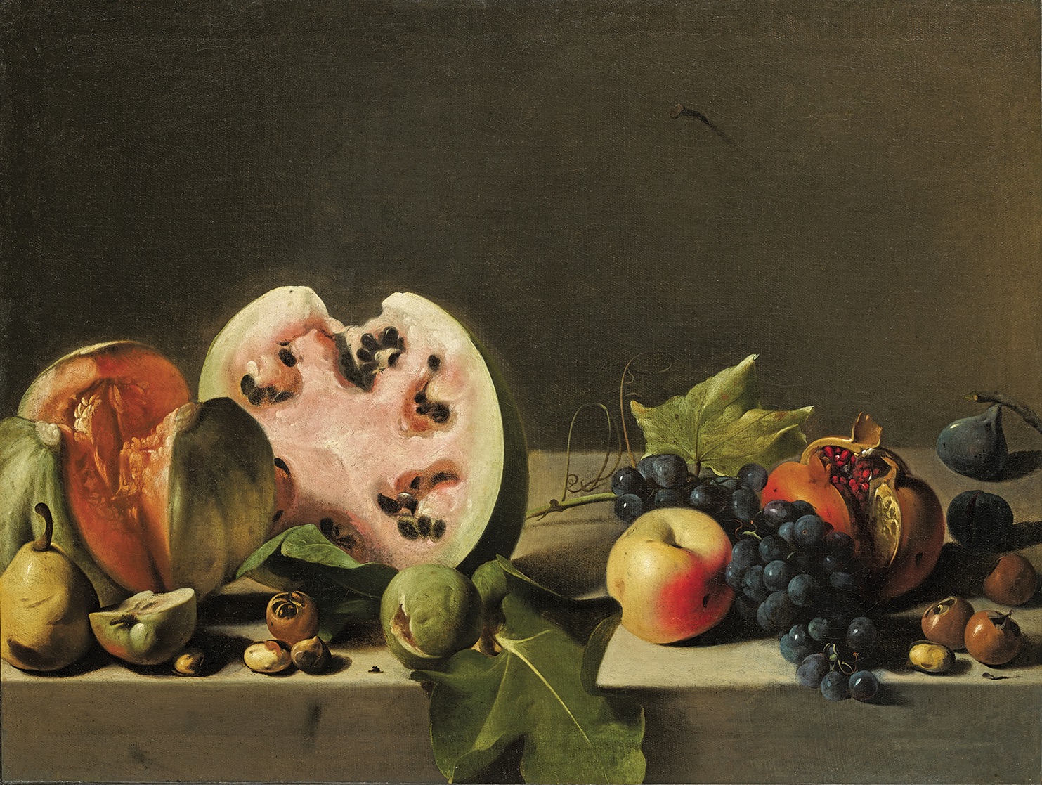 Pensionante del Saraceni (actif vers 1610-1620), Melon, pastèque et fruits sur un entablement. Huile sur toile, 56 x 72 cm. Estimé : 1,5/2 M€. Photo service de presse. © Artcurial