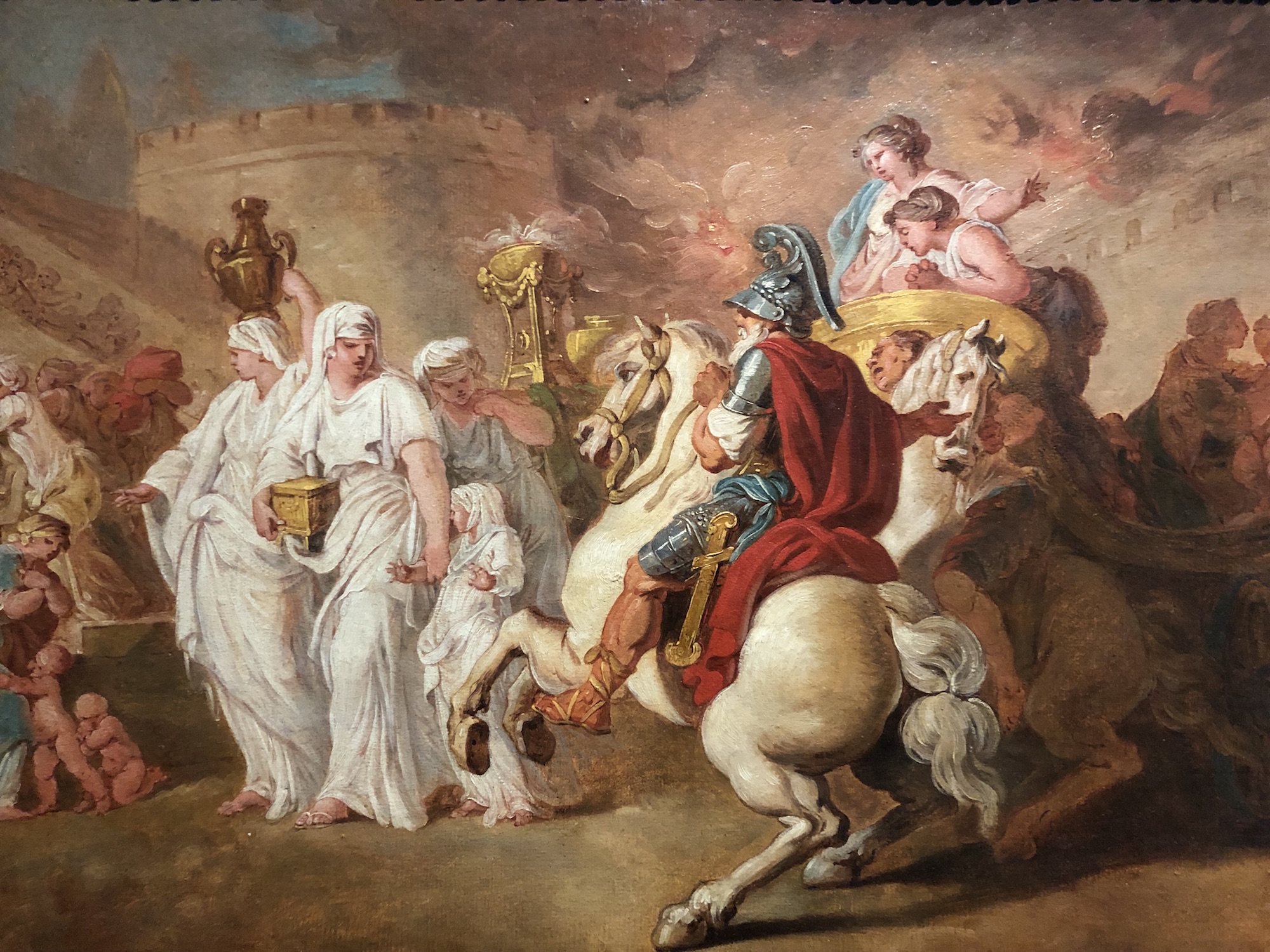 Jean Bardin (1732-1809), Lucius Albinus cédant son char aux vestales qu’il rencontre chargées de vases sacrés (détail). Huile sur papier marouflé sur carton, 45 x 64 cm. Paris, collection particulière. © OPM
