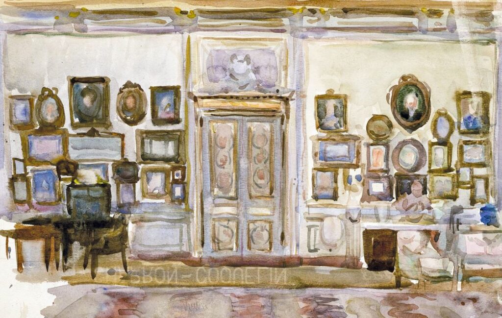 Adrien Karbowsky (1855-1945), Salon des pastels, coupe transversale, 1906. Graphite, aquarelle, 24,1 x 38 cm. Paris, bibliothèque de l’INHA. © INHA