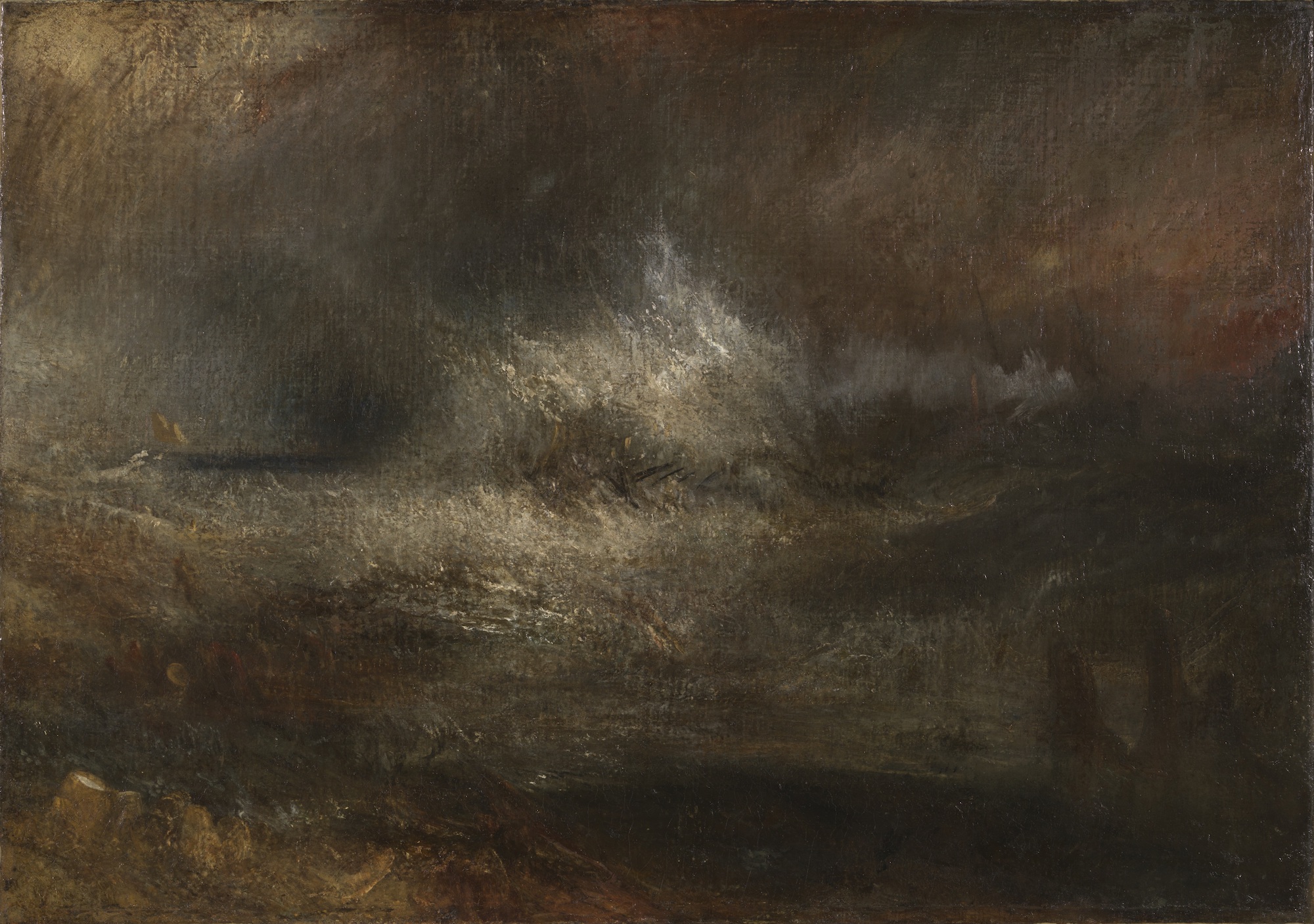Joseph Mallord William Turner (1775-1851), Mer agitée avec une épave en flamme, vers 1835-1840. Huile sur toile, 163 x 65 cm. Londres, Tate. Photo service de presse. © Tate