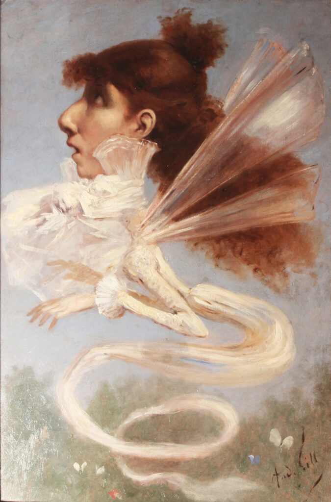 André Gill (1840-1885), Sarah Bernhardt en chimère, vers 1880. Huile sur panneau de bois, 54 x 34 cm. Couilly-Pont-aux-Dames, musée des Artistes. Photo service de presse. © Jean-Louis Losi