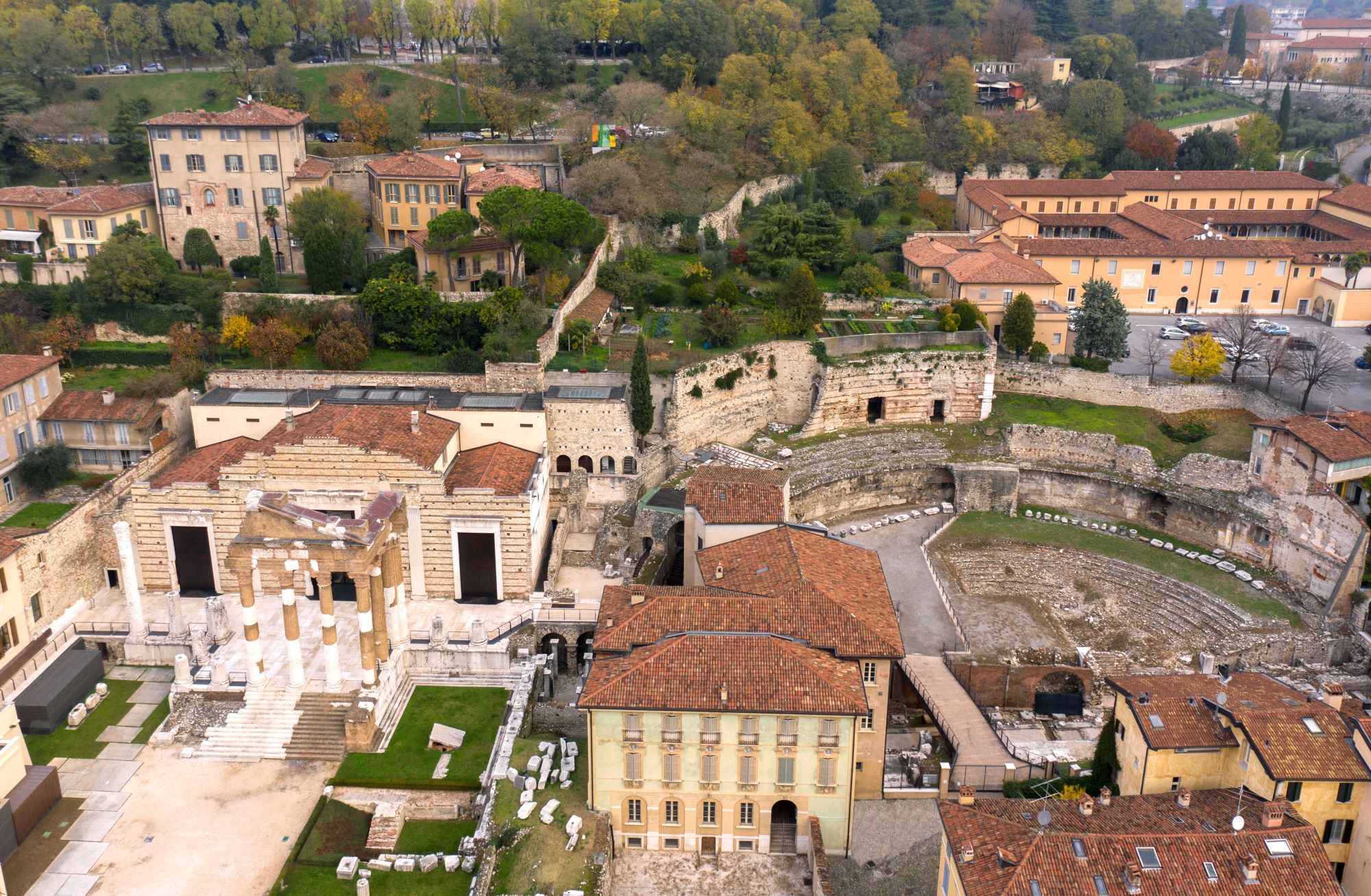 Vue aérienne de Brixia. Parc archéologique de la Brixia romaine. © Archives photographiques des musées municipaux de Brescia - Fondazione Brescia Musei