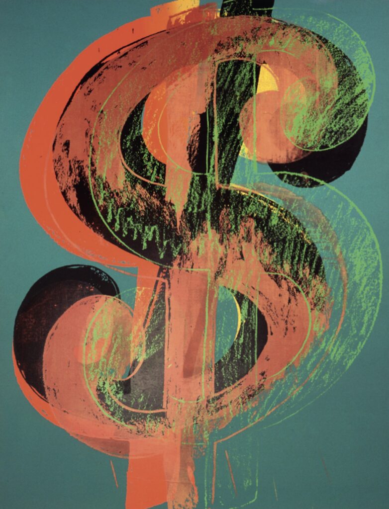 Andy Warhol (1928-1987), Dollar Sign, 1981. Acrylique sur toile, 278 x 178 cm. Nice, musée d’art moderne et d’art contemporain (MAMAC). Photo service de presse. © Muriel Anssens / Mamac Nice. © The Andy Warhol Foundation for the Visual Arts, Inc. / Licensed by ADAGP, Paris, 2023