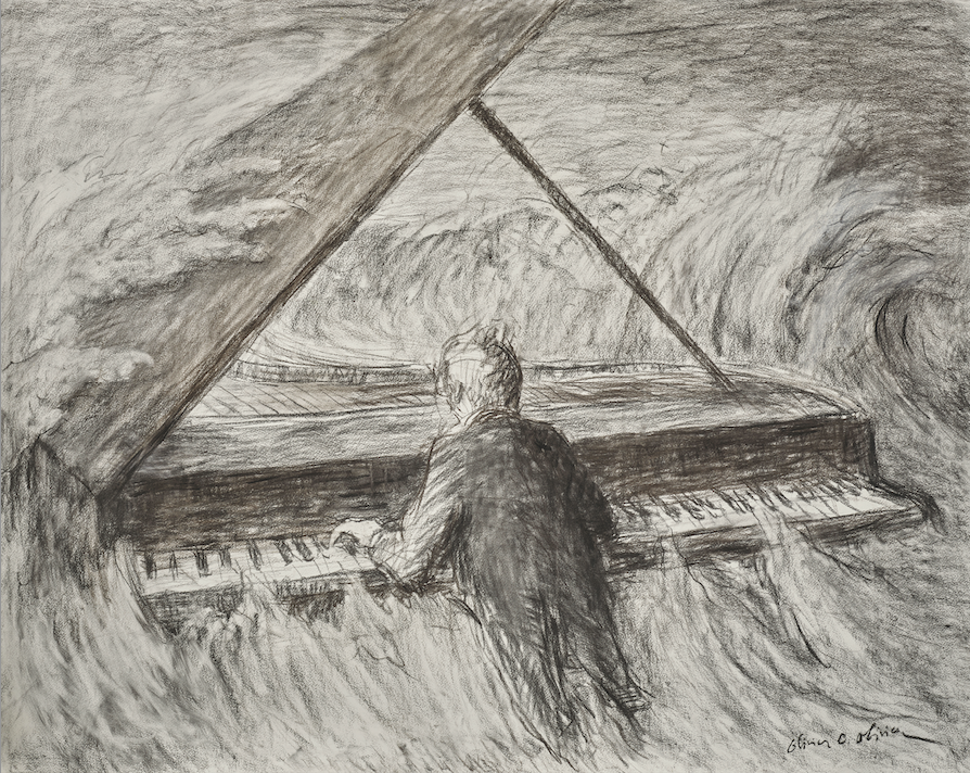 Olivier O. Olivier (né en 1931), Vogue audacieux pianiste, 2004. Fusain sur papier marouflé sur toile, 130 x 162,5 cm. © Adagp, Paris, 2023