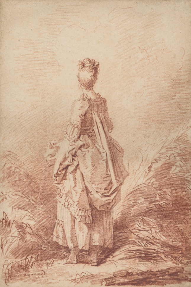 Jean-Honoré Fragonard (1732-1806), Jeune Femme debout, en pied, vue de dos, vers 1762-1765. Sanguine sur papier vergé, 37 x 25 cm. Orléans, musée des Beaux-Arts. Photo service de presse. © François Lauginie