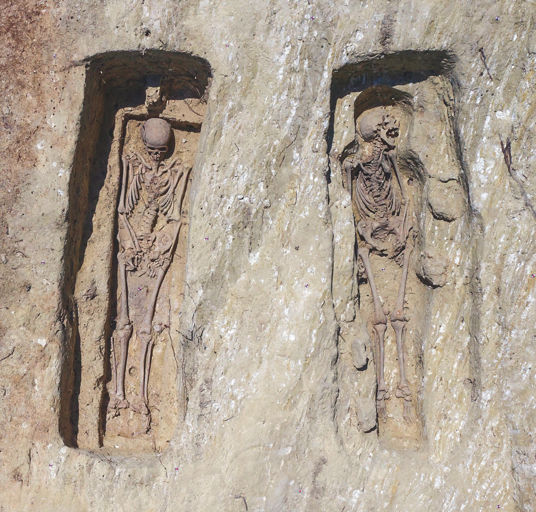 Deux types d’architecture funéraire se côtoient : à gauche un individu inhumé en cercueil, à droite une sépulture anthropomorphe. © SDA 04