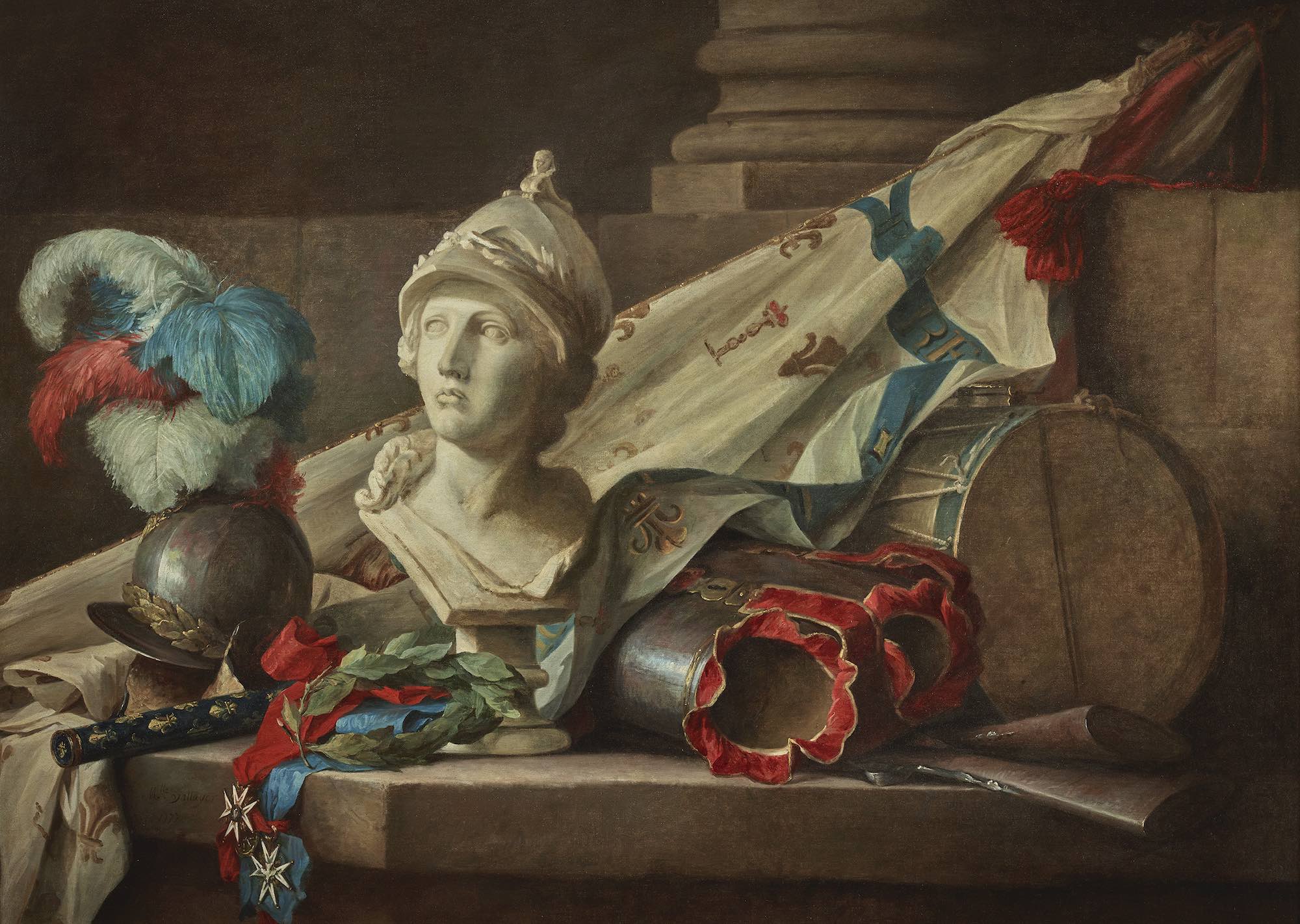 Anne Vallayer-Coster (1744-1818), Buste de Minerve et attributs militaires. Huile sur toile, 114 x 158,7 cm. Signé et daté en bas à gauche : Melle Vallayer/1777. Collection privée. © Galerie Éric Coatalem
