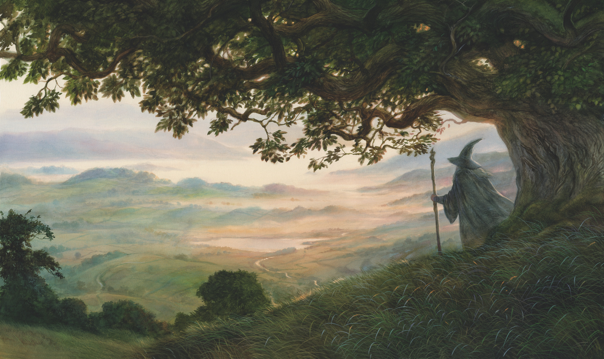 John Howe (né en 1957), A Wizard is Never Late (Un Magicien n’est jamais en retard)
A Middle-Earth Traveller de John Howe, publié par Harper Collins Publishers, 2019. Encre et aquarelle sur papier, 41,5 x 63 cm. © FHEL 2023
