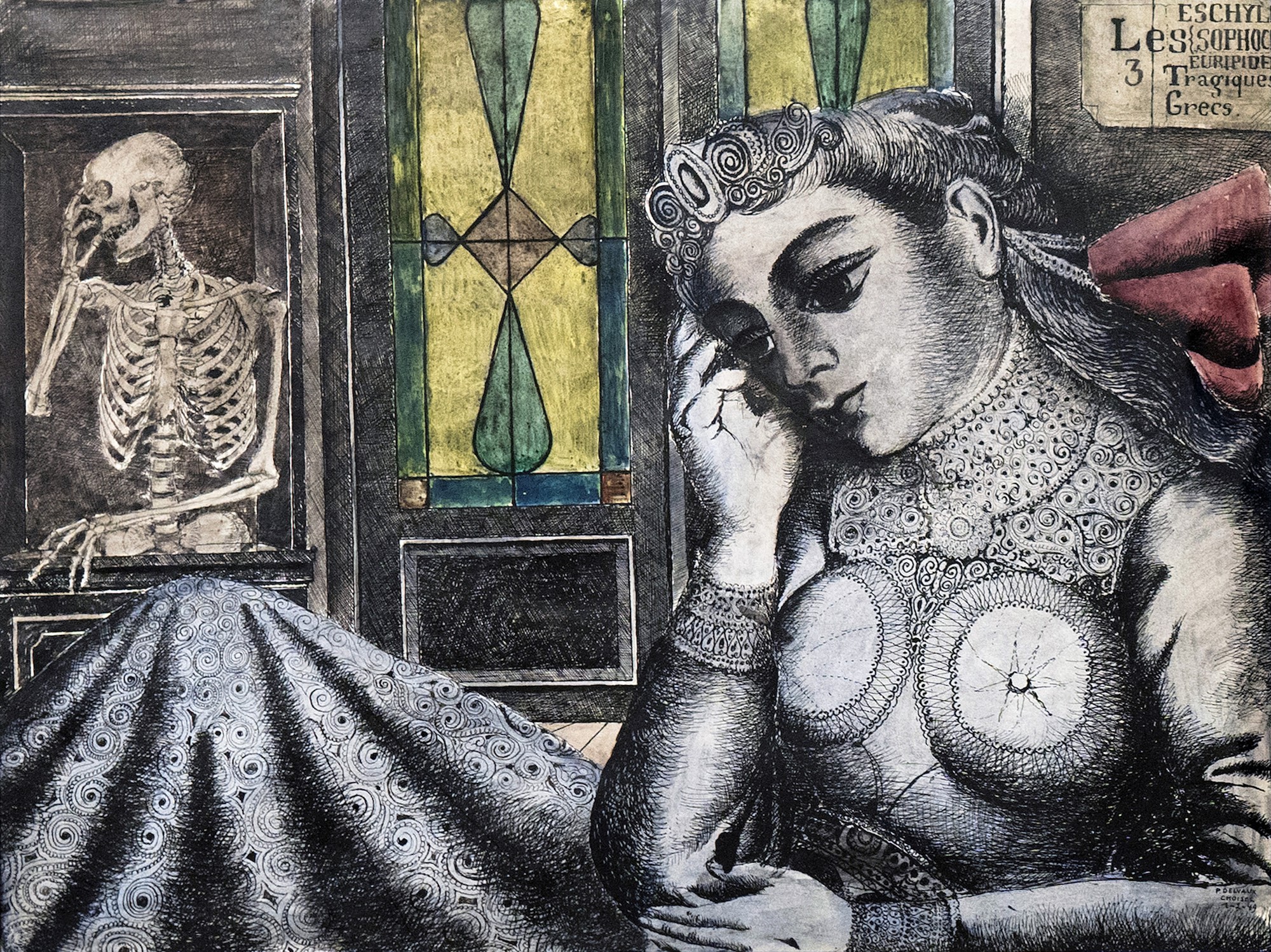 Paul Delvaux (1897-1994), Femme et squelette, 1949. Aquarelle et encre sur papier, 56 x 74 cm. Knokke-le-Zoute, Guy Pieters Gallery. © Guy Pieters Gallery