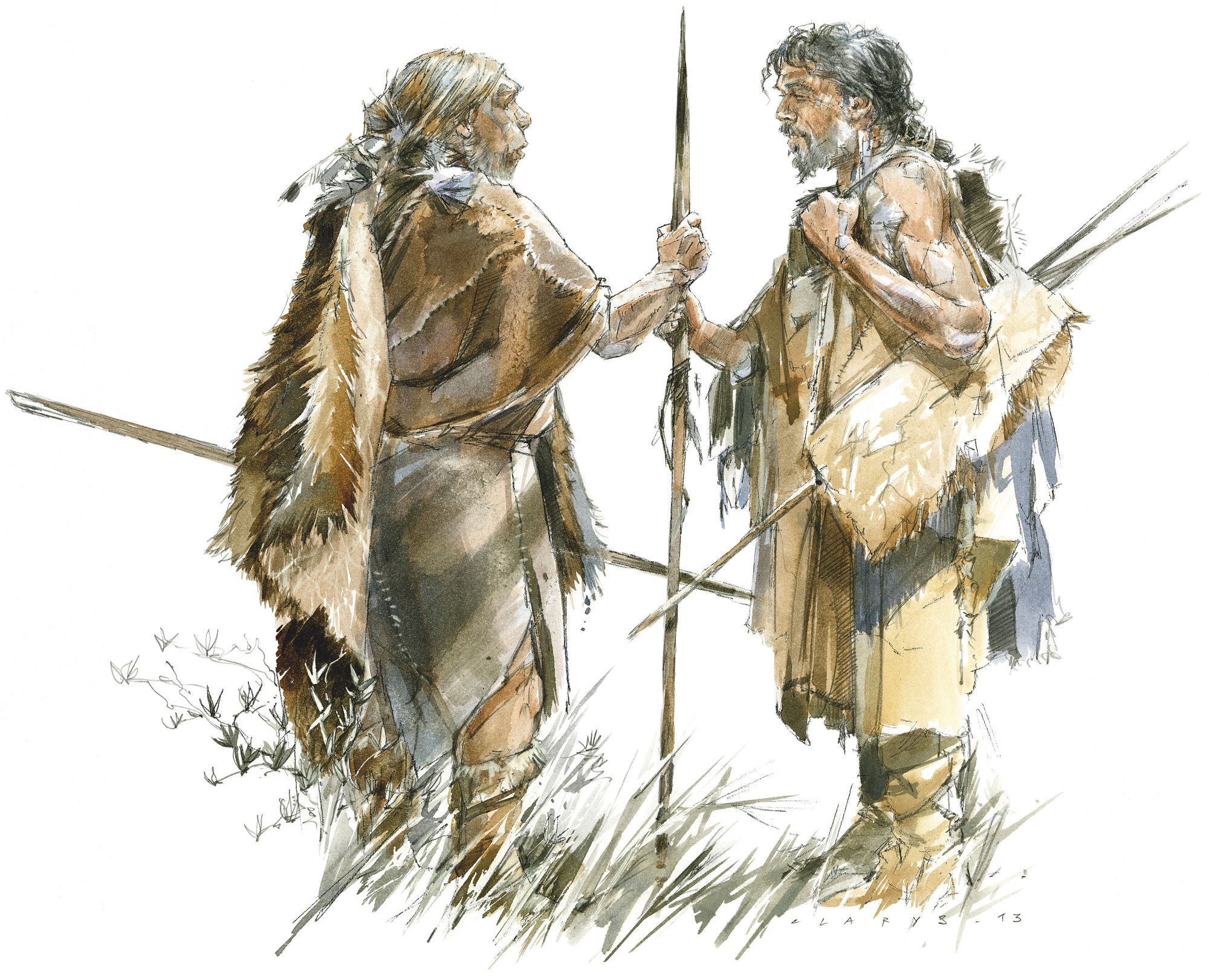 Nouvelle rencontre : interprétation d’une rencontre entre un Néandertalien (à gauche) et un Homo sapiens (à droite). © CLARYS / Cité de la Préhistoire, Orgnac l’Aven 13
