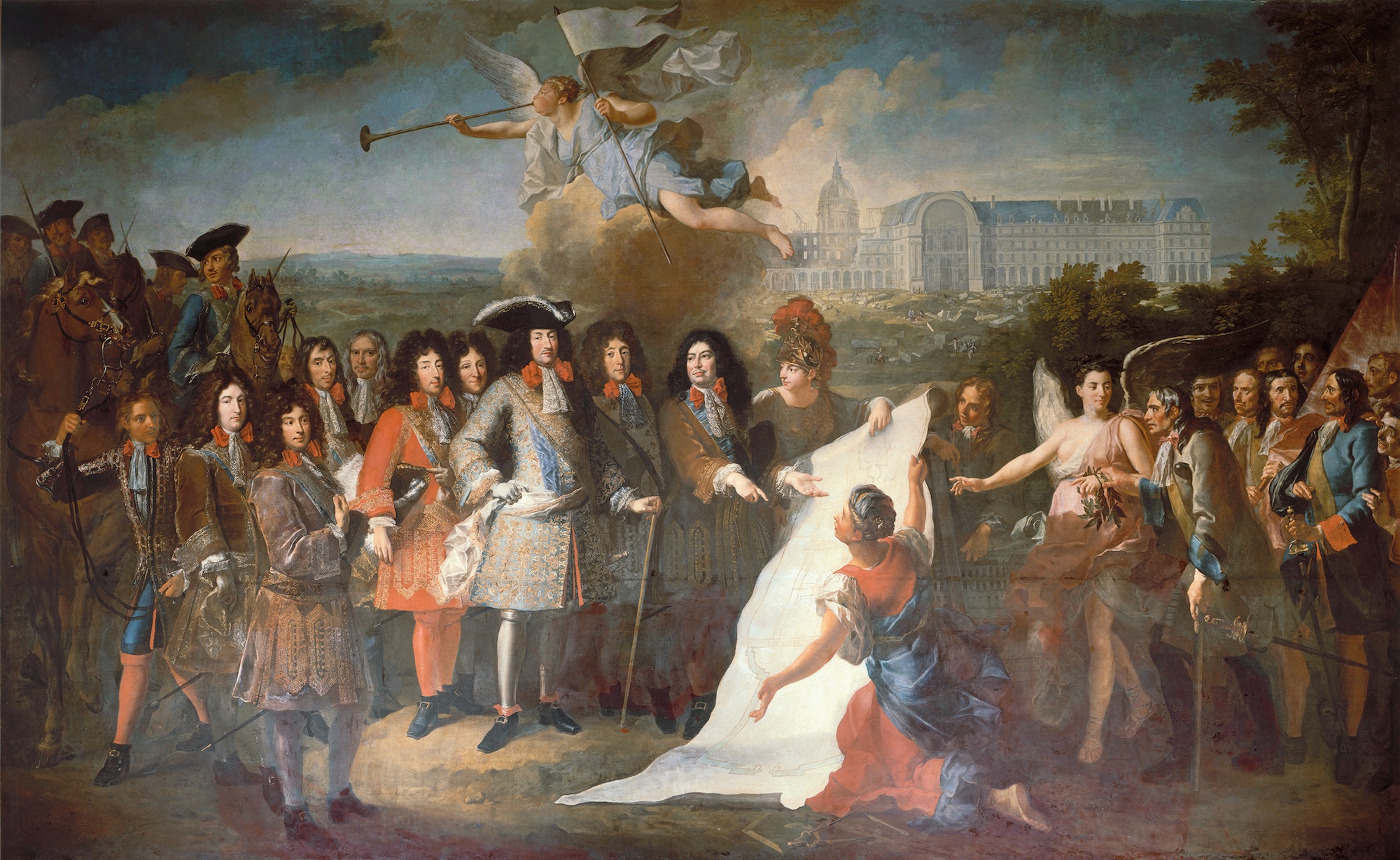 Pierre Dulin (1669-1748), L’établissement de l’Hôtel royal des Invalides. Le marquis de Louvois présente à Louis XIV le plan devant servir à la construction de l’Hôtel des Invalides. Carton de tapisserie commandé en 1710 et achevé en 1715 pour le cycle de L’Histoire du Roy. Huile sur toile, 353 x 578 cm. Paris, musée de l’Armée. © Dist. RMN-Grand Palais (musée de l’Armée) / Hubert Josse