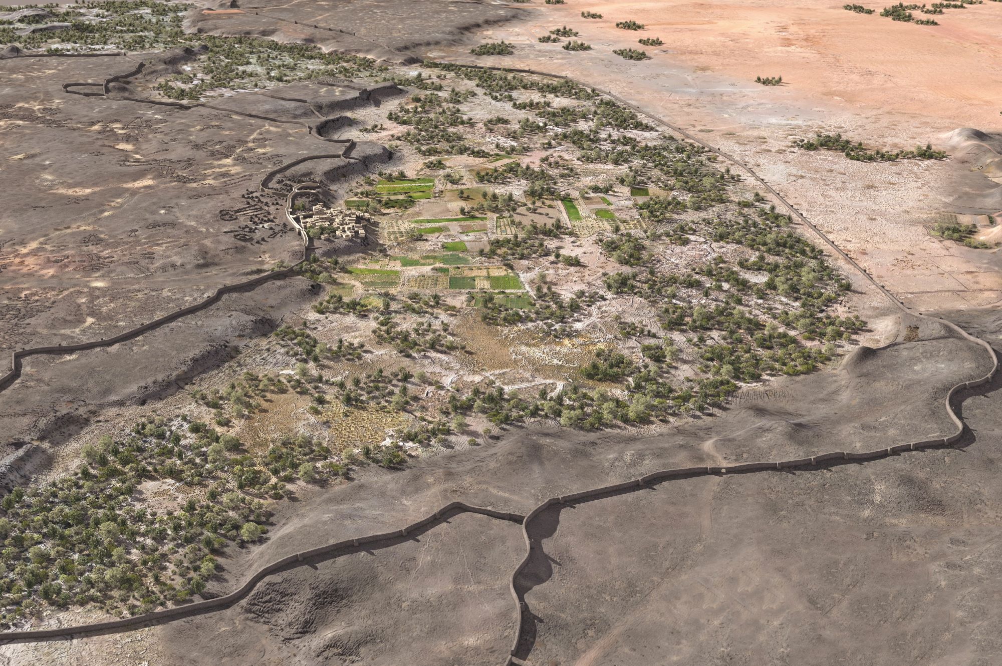 Restitution virtuelle du réseau de remparts dans la partie nord de l’oasis de Khaybar. © Khaybar LDAP, CNRS, Afalula, RCU, K. Guadagnini