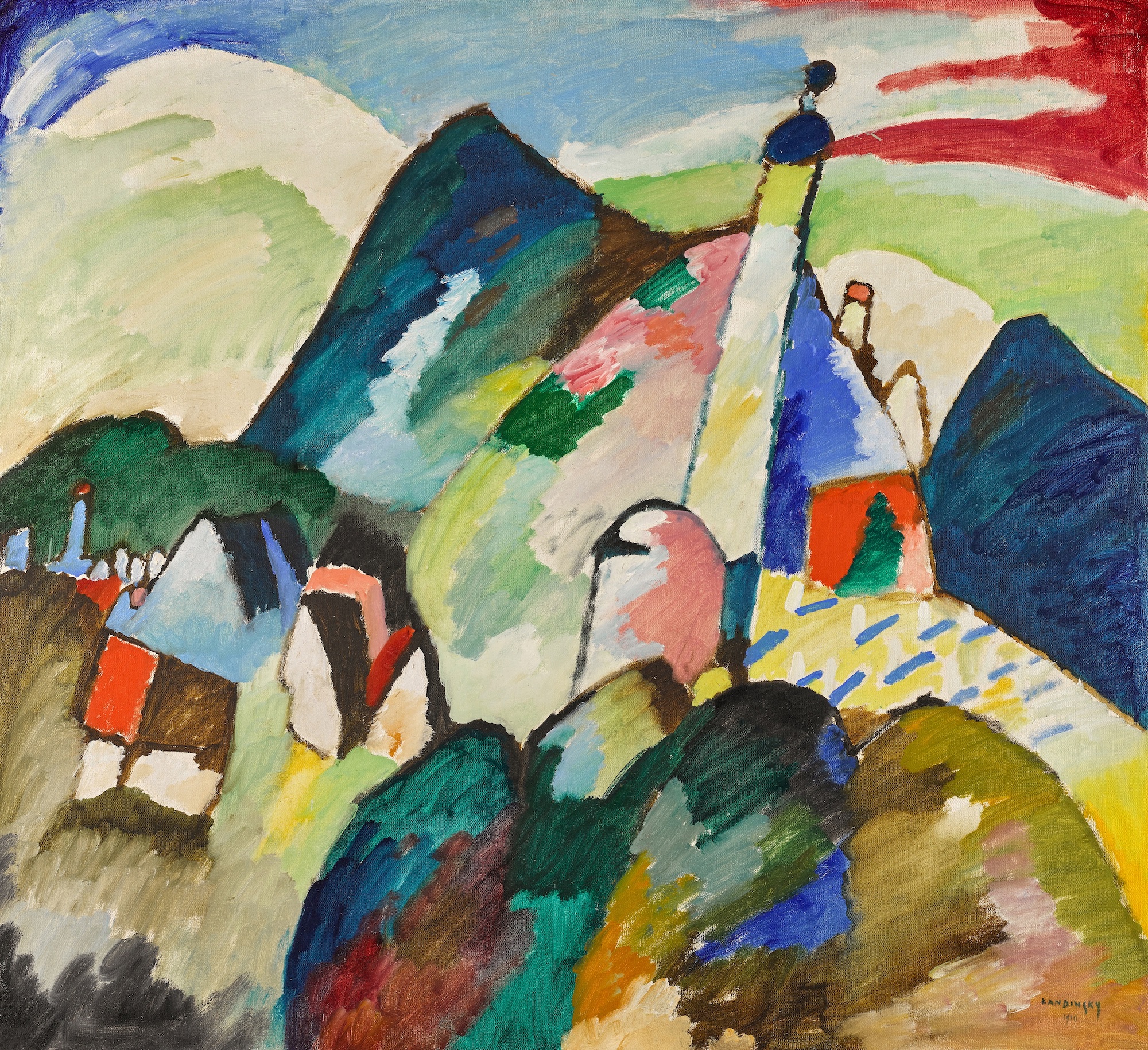 Vassily Kandinsky (1866-1944), Vue de Murnau avec église II, 1910. Huile sur toile, 96 x 105,5 cm. Signé et daté. Landau Fine Art, Montréal-Meggen.