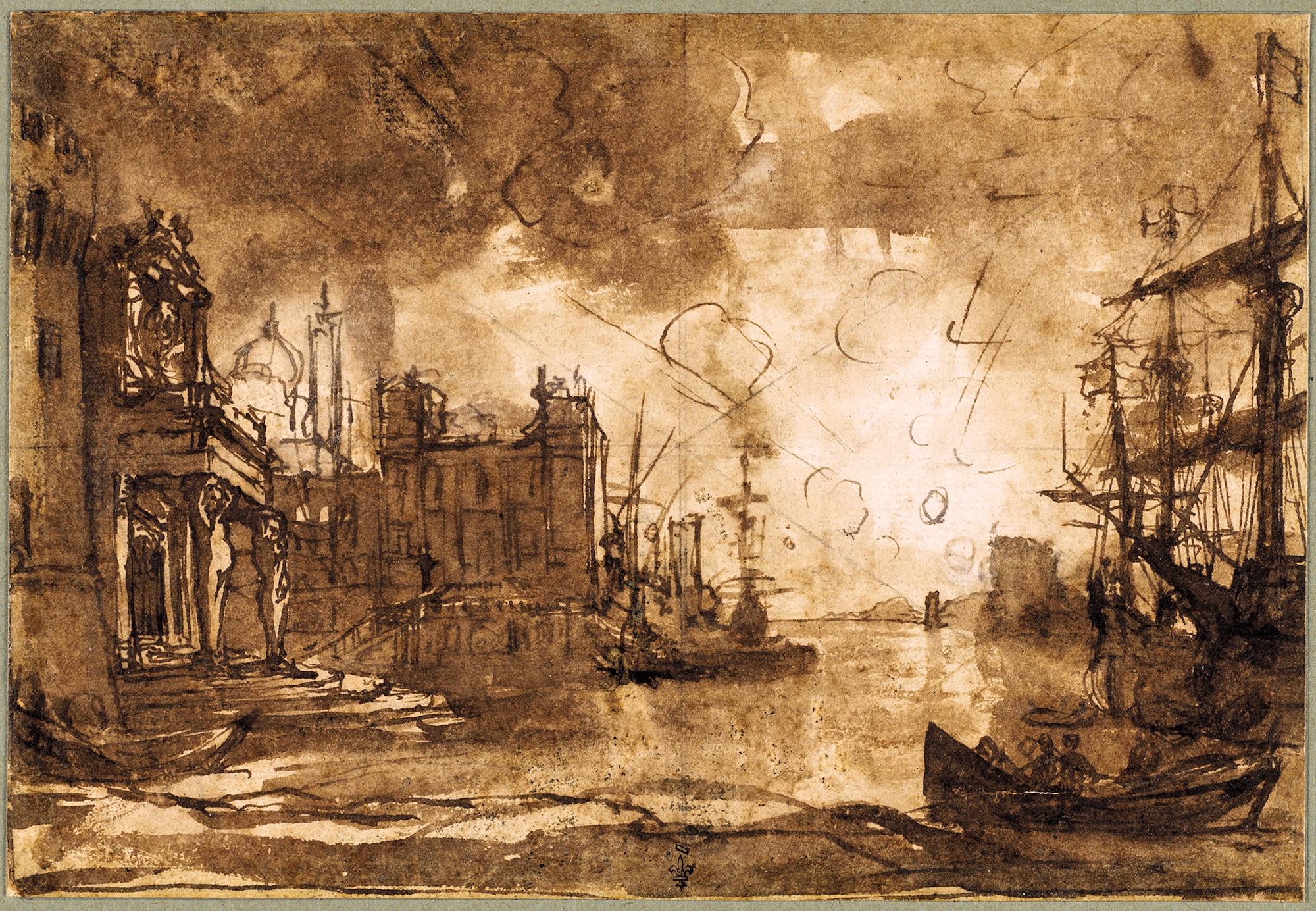 Claude Gellée, dit Le Lorrain (vers 1600-1682), Port de mer au soleil couchant, vers 1635-1640. Plume et encre brune, lavis brun, légers rehauts blancs, mise au carreau diagonale à la pierre noire sur papier vergé (doublé), 13,9 x 20,3 cm. Chantilly, musée Condé. Photo service de presse. © RMN-Grand Palais / Domaine de Chantilly / Adrien Didierjean