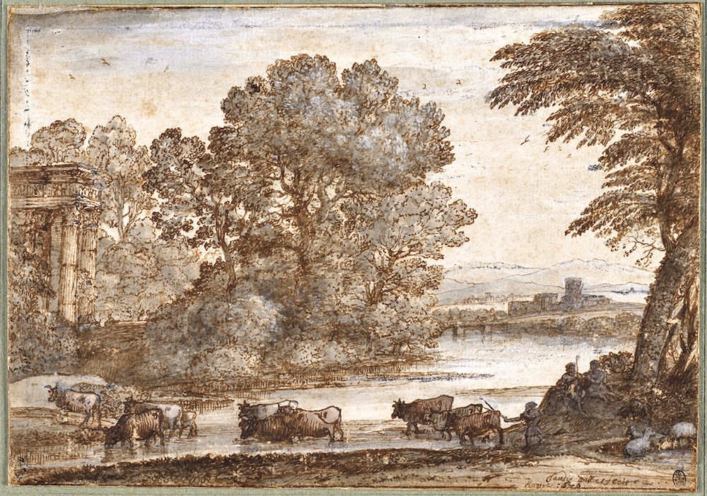 Claude Gellée, dit Le Lorrain (vers 1600-1682), Paysage avec un troupeau de vaches traversant un gué, 1670. Pierre noire, plume et encre brune, lavis gris, jaune-brun et rose, rehauts blancs sur papier vergé (doublé), trait d’encadrement partiellement recouvert de gouache blanche, 15 x 21,1 cm. Chantilly, musée Condé. Photo service de presse. © RMN-Grand Palais / Domaine de Chantilly / Adrien Didierjean