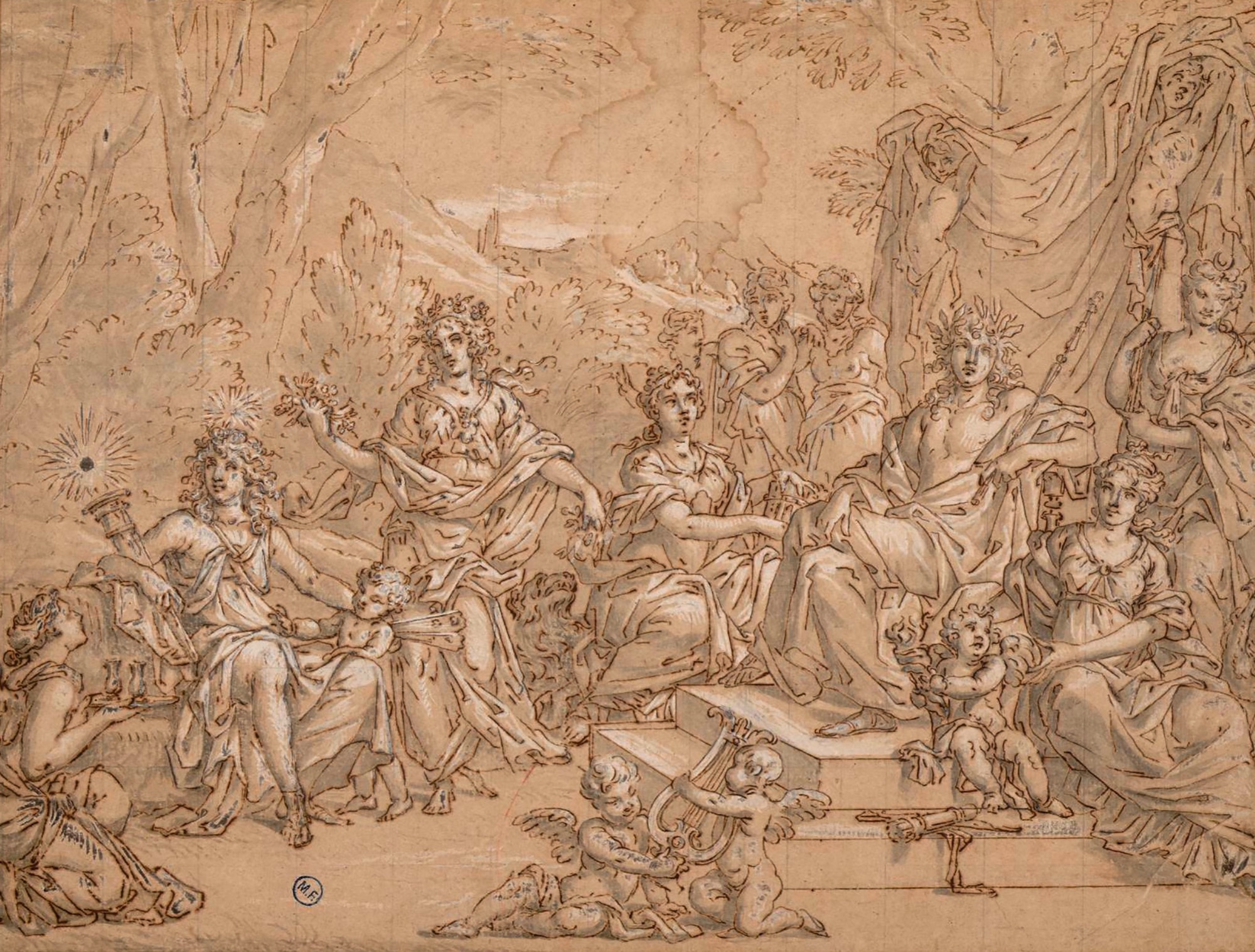 Jean Nocret (1615-1672), La Famille d’Apollon. Plume et encre brune, lavis gris, rehauts de gouache blanche, mise au carreau à la pierre noire sur papier vergé, 28,5 x 37,8 cm. Montpellier, musée Fabre. © musée Fabre de Montpellier Méditerranée Métropole / Frédéric Jaulmes