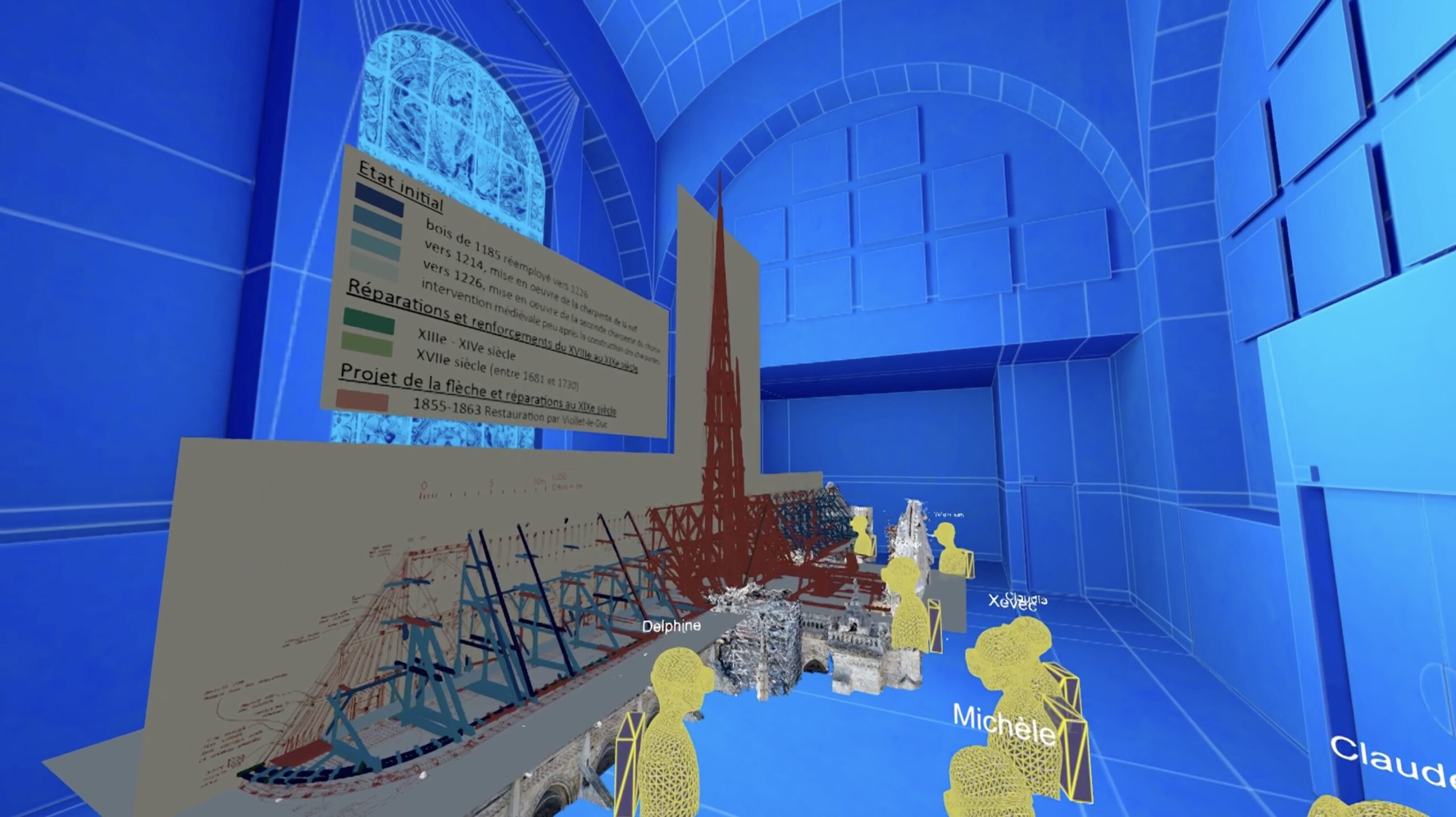 Restitution de la datation des éléments de la charpente (vue dans la réalité virtuelle réalisée à partir des données du chantier scientifique). © Notre-Dame de Paris 1I1, le jumeau virtuel