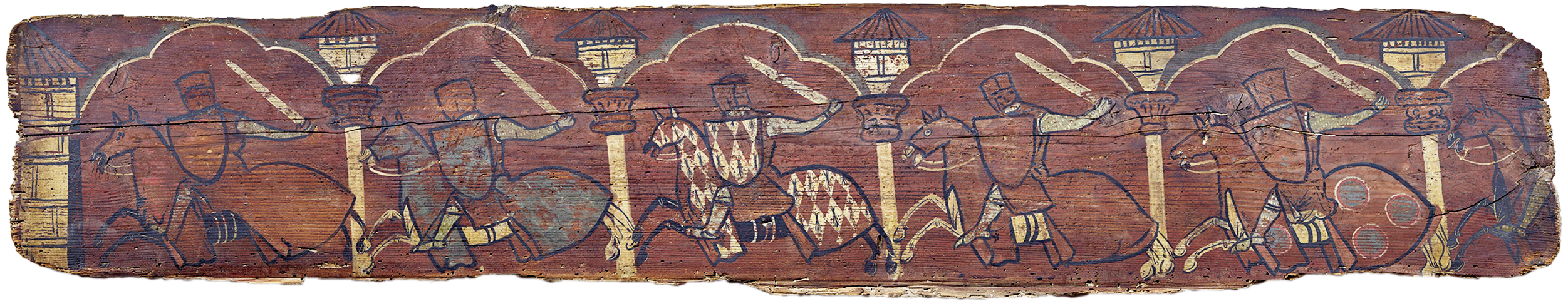 Fragment d’un plafond peint en bois résineux représentant une parade chevaleresque, vers 1260 ? Narbonne, Palais‐musée des Archevêques. © D. Martin