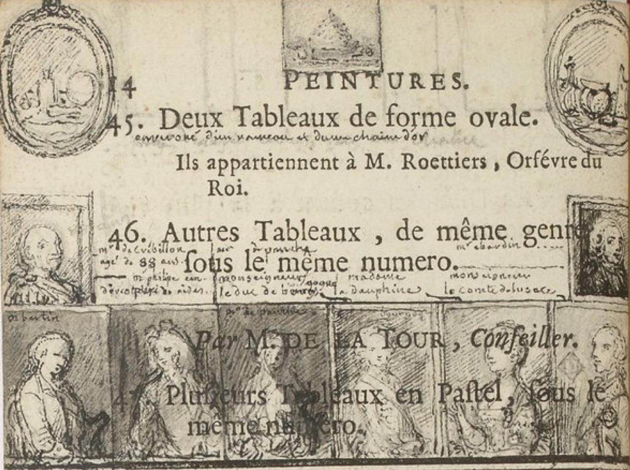 Dessins de Gabriel de Saint-Aubin figurant les trois Chardin d'après les tableaux exposés au Salon de 1761, esquissé sur la page 14 de son exemplaire du livret. Paris, Bibliothèque nationale de France. © BnF