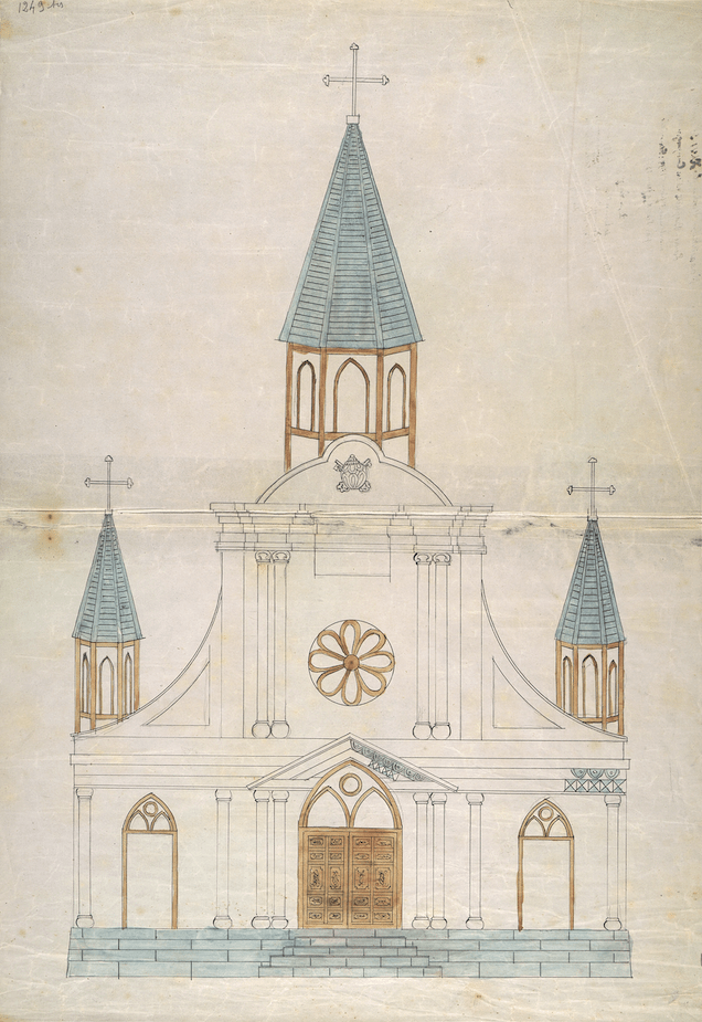 Plan de l’église d’Ōura fondée à Nagasaki en 1863, XIXe siècle. Dessin sur papier et encre de Chine. Collection particulière. © MEP/IRFA