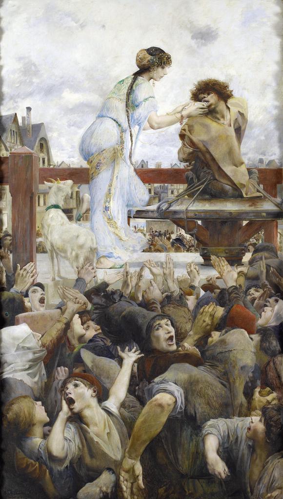 Luc Olivier Merson, La Esméraldadonnant à boire à Quasimodo sur le pilori. Une larme pour une goutte d’eau, vers 1903. Huile sur toile, 195 x 110 cm. Paris – Guernesey, Maison de Victor Hugo – Hauteville House.