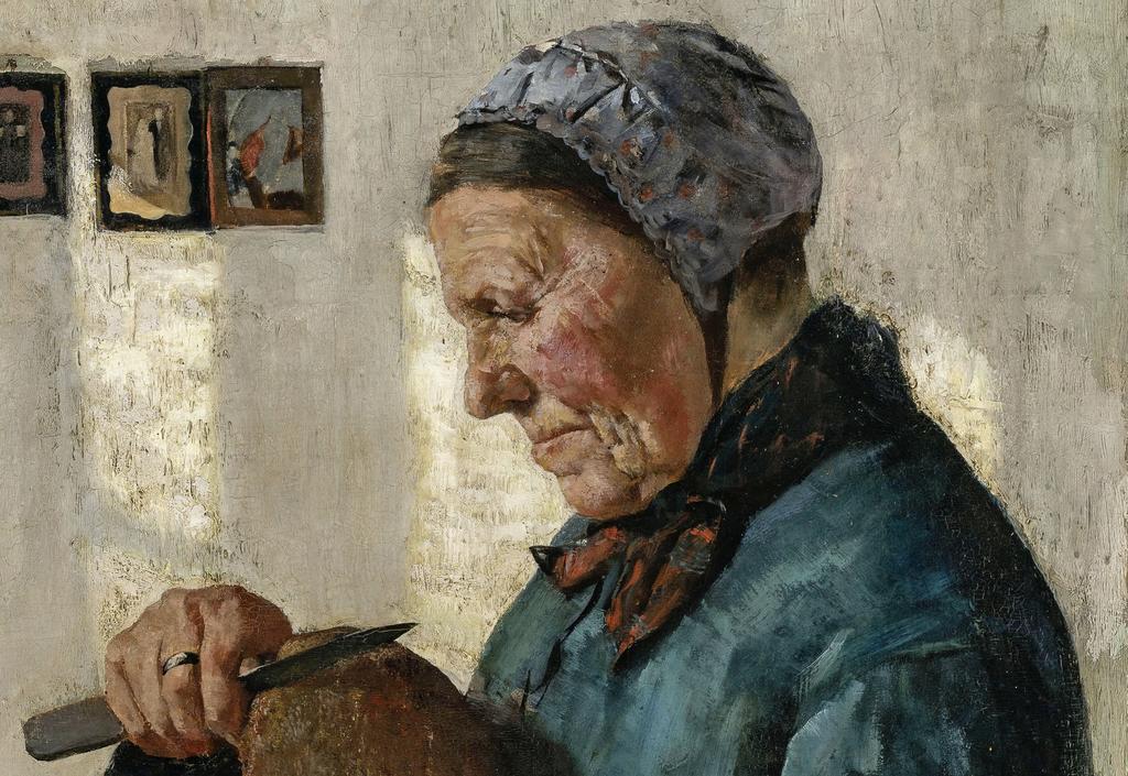 Christian Krohg, Femme coupant du pain [Kone som skjærer brød] (détail), 1879. Huile sur toile, 80 x 66,2 cm. Bergen, Kode Bergen Art Museum.