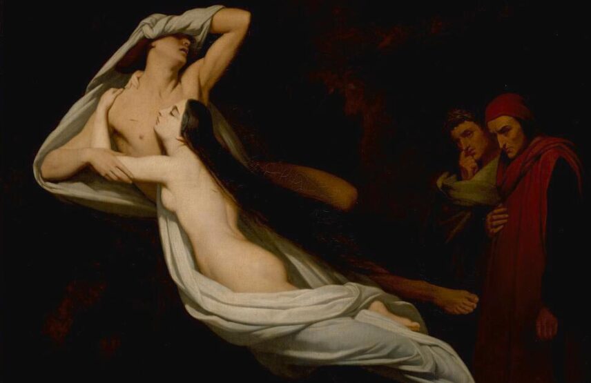 Ary Scheffer (1795-1858), Les Ombres de Francesca da Rimini et de Paolo Malatesta apparaissent à Dante et à Virgile, 1854. Huile sur toile, 57,7 x 81,3 cm. Hambourg, Kunsthalle.