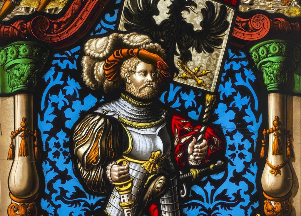 Banneret d'Aarau Johann Heinrich Müller (1822-1903), Berne (Suisse), 1861-1891. Vitrail au plomb, verre incolore et coloré, grisaille, jaune d’argent, verre plaqué gravé à l’acide, sanguine. Genève, musée Ariana.