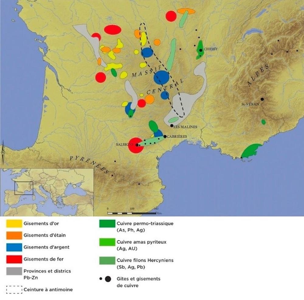 Carte des grands districts métallifères du Massif Central potentiellement exploités au Iᵉʳ millénaire avant notre ère.